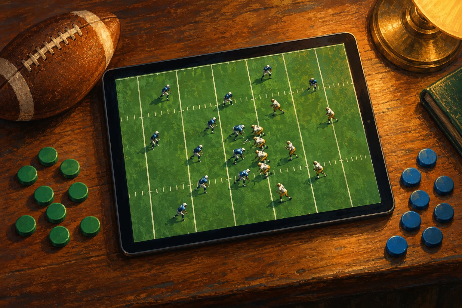 Illustration of a tablet displaying a football formation beside a football and green and blue coaching tokens.