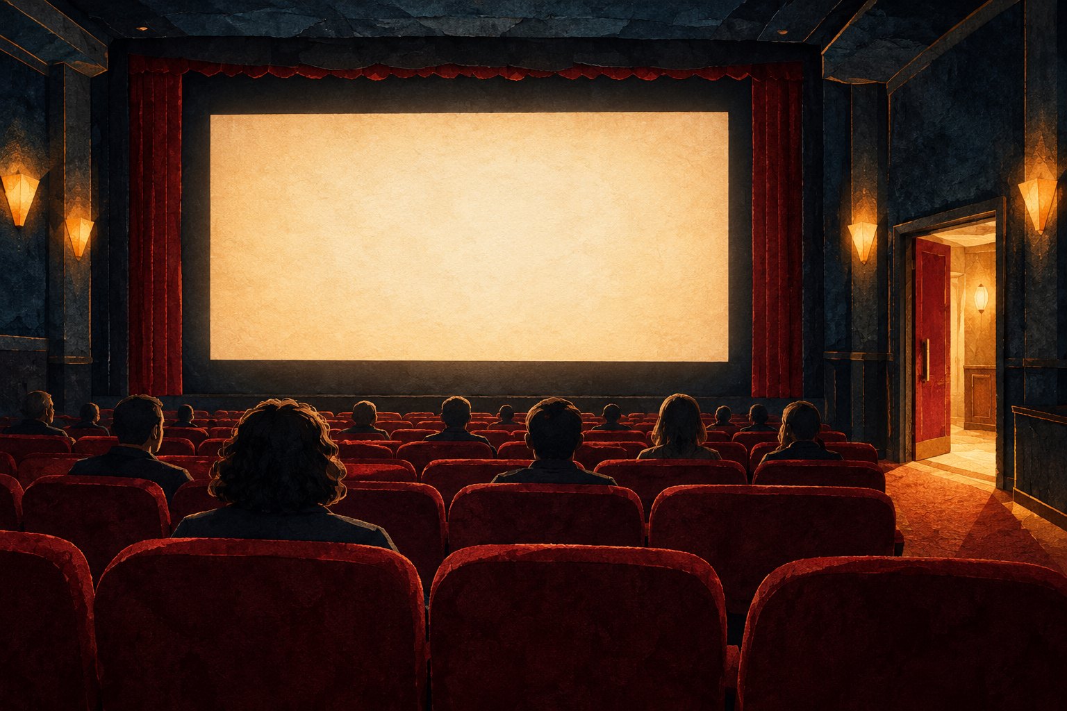 Paper collage illustration of viewers in red cinema seats facing a blank illuminated screen beside an open auditorium door.
