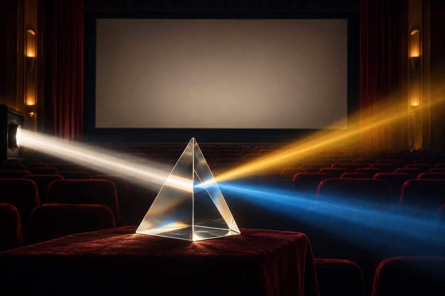 Conceptual illustration of a glass prism splitting a projector beam into gold and blue light inside an empty movie theater.