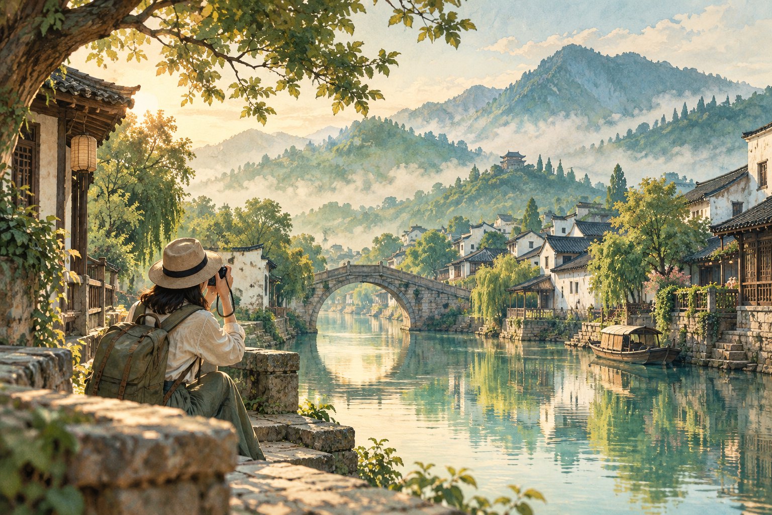 江南水乡意象插画:旅行者在河岸举起相机,远处是石桥、白墙黛瓦与青山