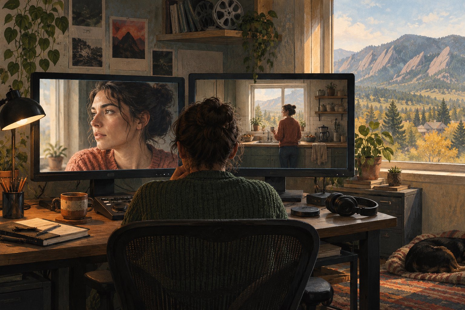 Conceptual illustration of an editor comparing close-up and wide shots of a fictional character, with Colorado foothills outside the window.