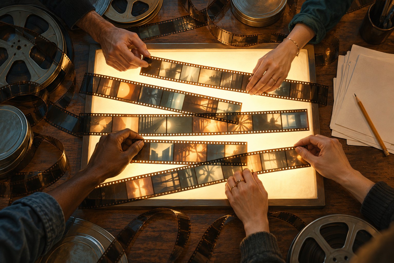 Several hands examine strips of film over a glowing lightbox surrounded by film reels and blank pages.