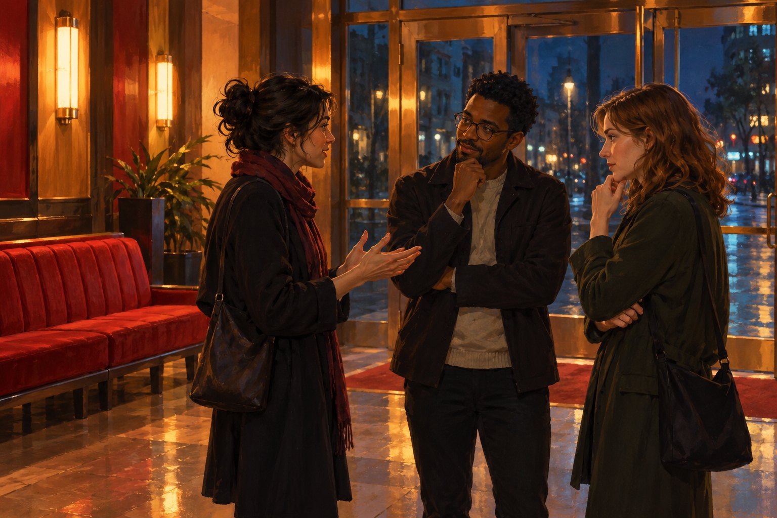 An editorial illustration of three moviegoers discussing a film in a warmly lit cinema lobby.