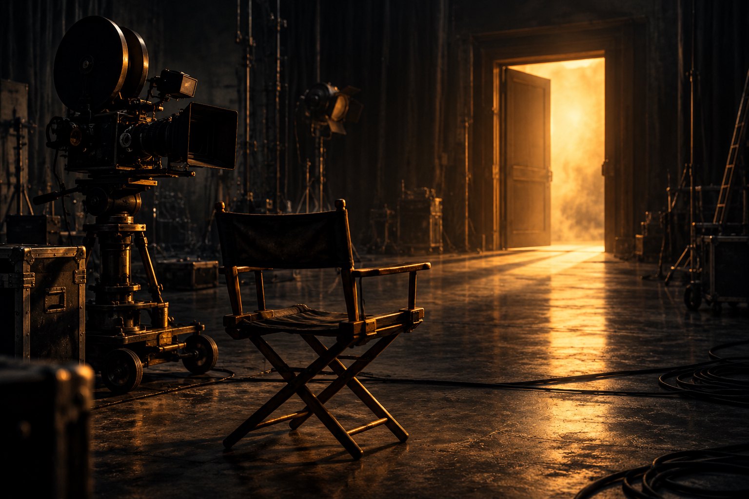 Conceptual illustration of an empty director’s chair and cinema camera on a dark soundstage beside a warmly lit doorway.