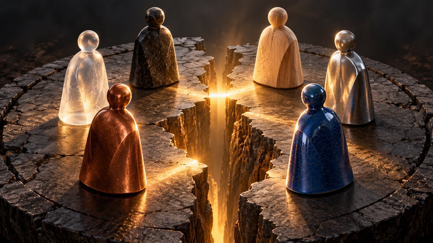 不同材質的人形棋子圍繞石臺裂縫,象徵團隊中的差異與合作,非電影劇照