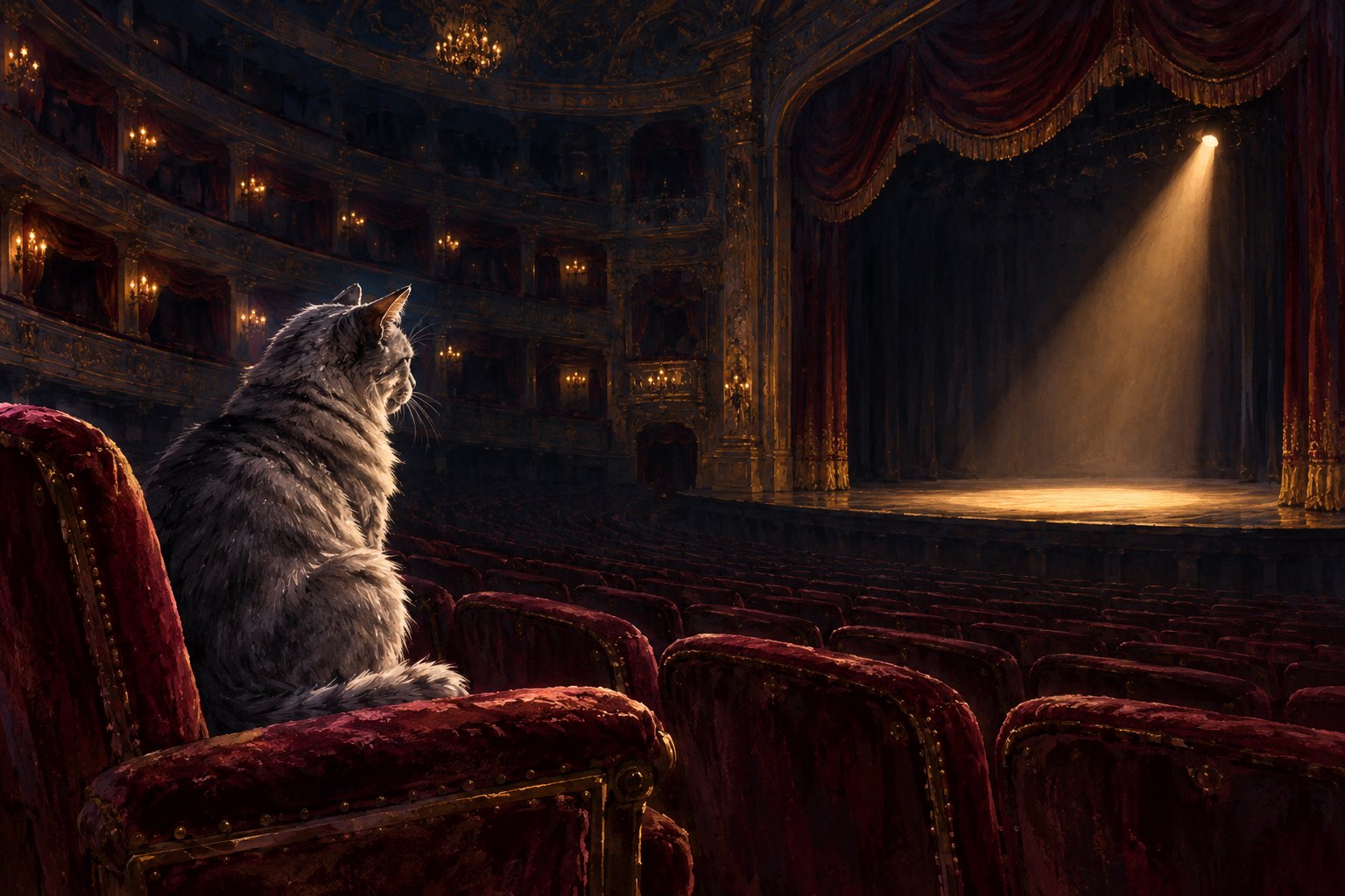 A painterly illustration of an elderly gray cat in a red theater seat watching an empty, spotlit stage.