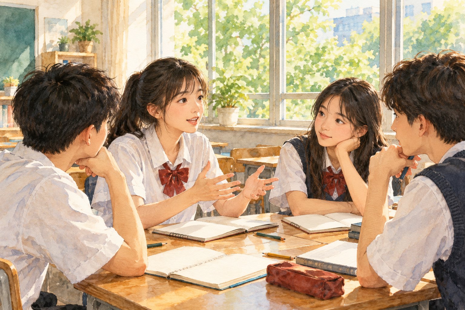 四名学生围坐教室木桌交流观影感受的水彩概念插画