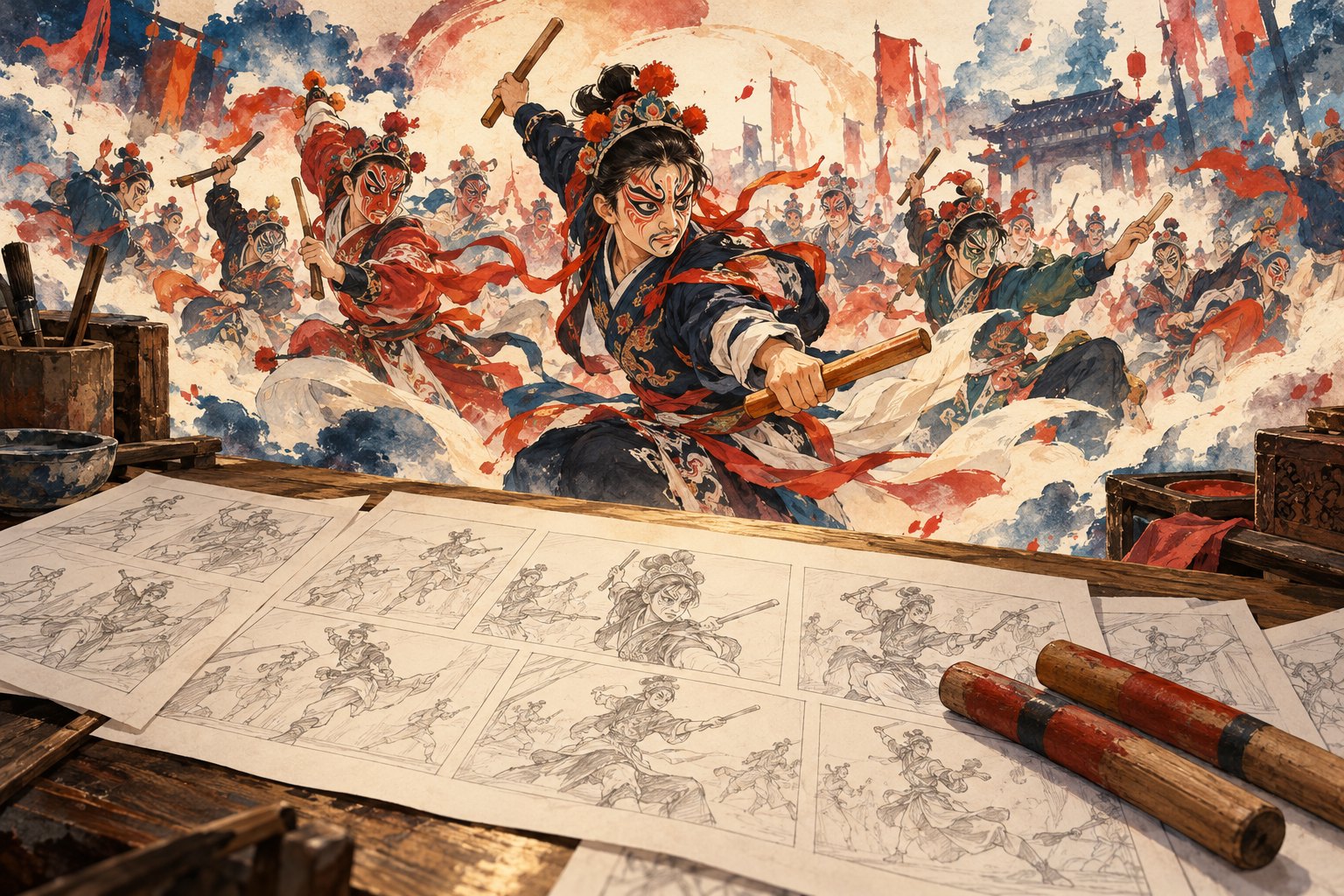 分镜草图与木槌衬托英歌舞者群像的原创主题插画，非影片剧照