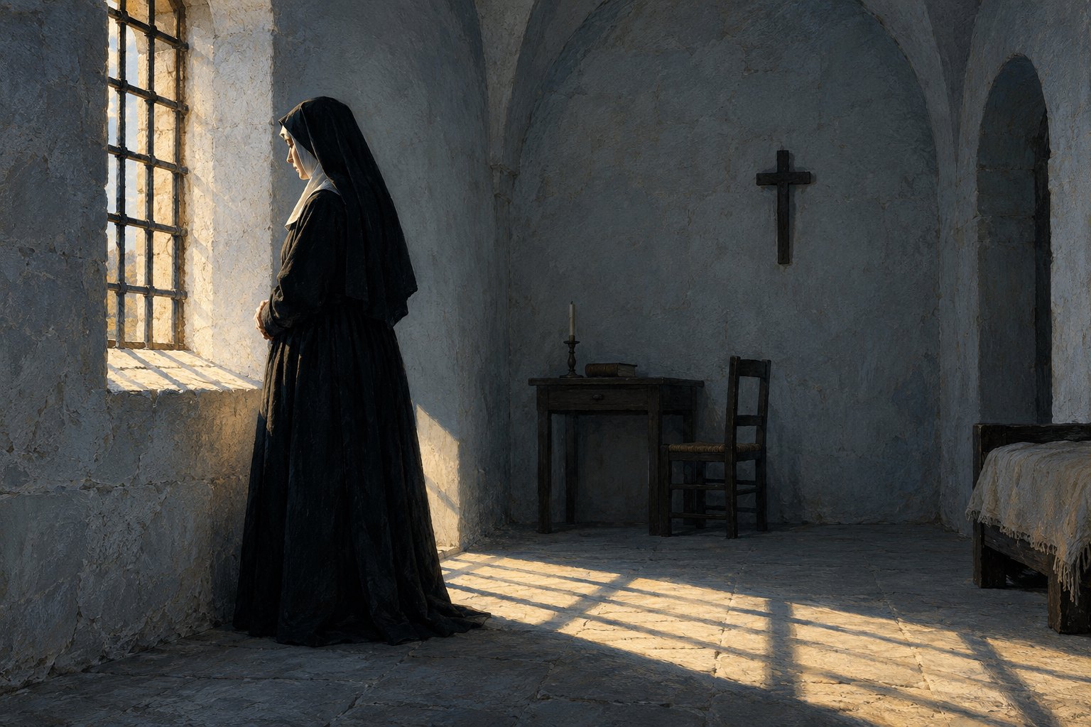 Symbolic illustration of a nun standing beside a barred convent window as sunlight crosses the stone floor.