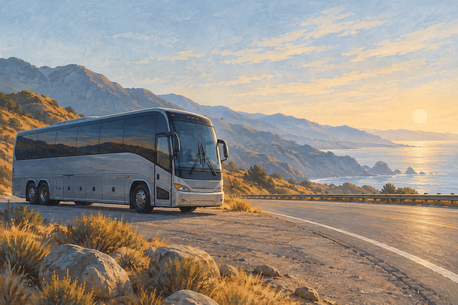 Conceptual illustration of an unbranded tour bus beside a coastal roadway in soft morning light, not a depiction of the MUNA incident.