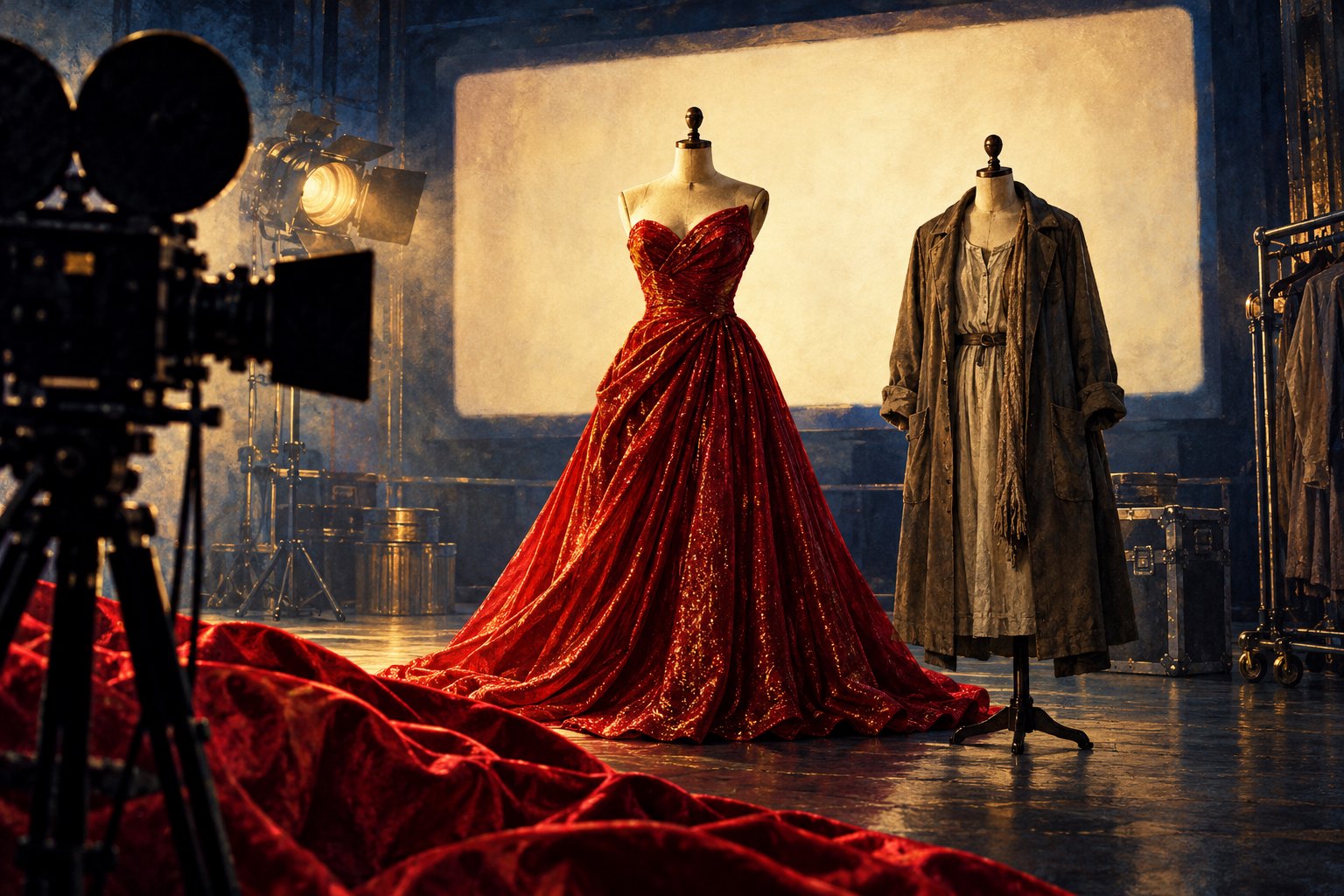 Conceptual illustration of a red evening gown and a worn everyday coat on dress forms beside a movie camera and a glowing screen.