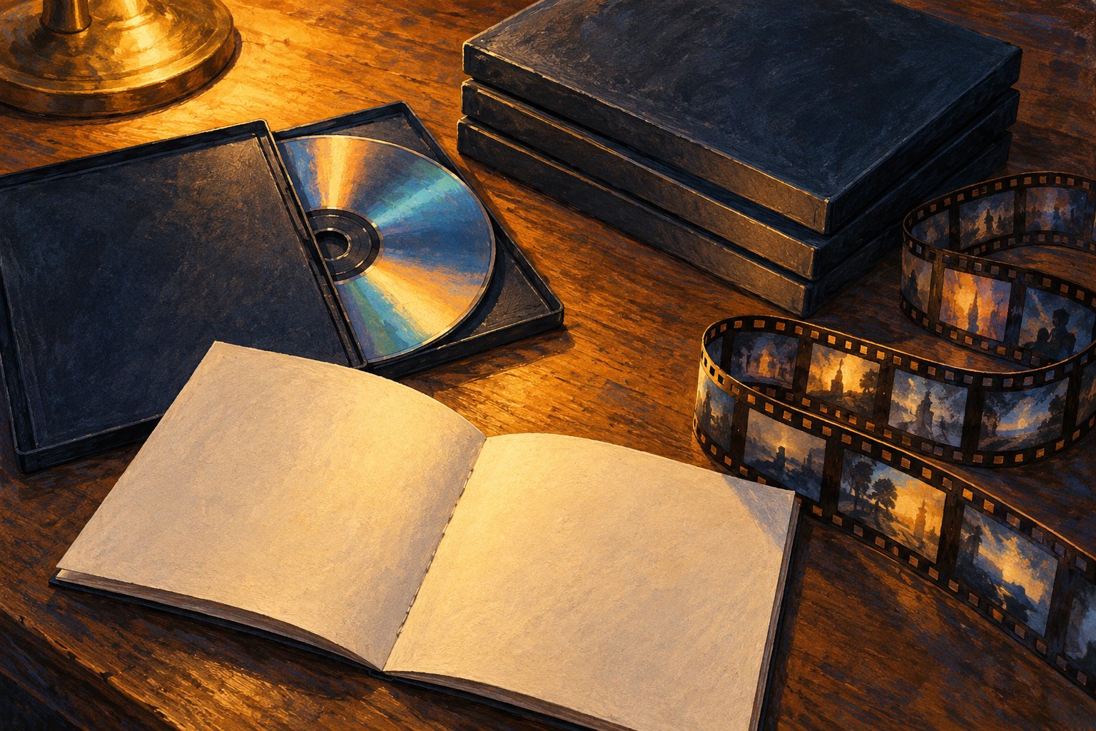 Illustration of a reflective movie disc, plain cases, a blank booklet, and a curling filmstrip on a warmly lit wooden table.