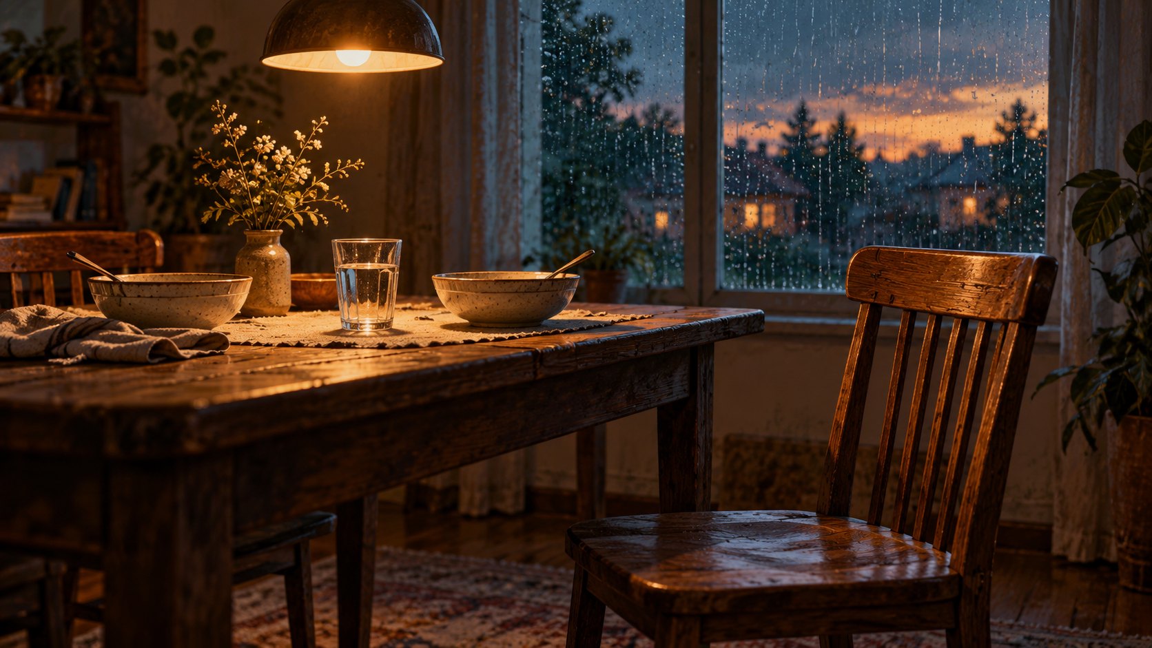 雨夜窗邊的餐桌擺著兩只碗,空椅映著暖燈,象徵等待與缺席的概念插畫,非電影劇照