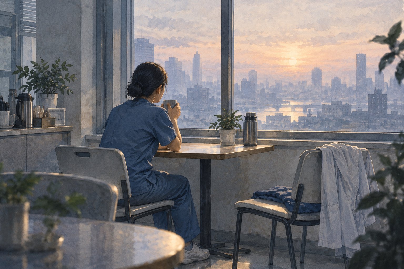 主题插画,非影片剧照:一名医护人员坐在休息室窗边捧杯休息,身旁空椅搭着外套