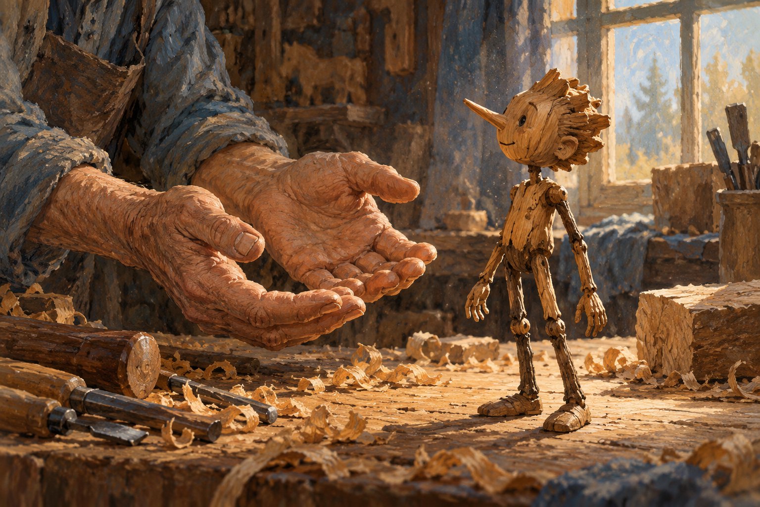 Conceptual illustration of a woodcarver’s open hands beside an independent wooden puppet in a sunlit workshop.