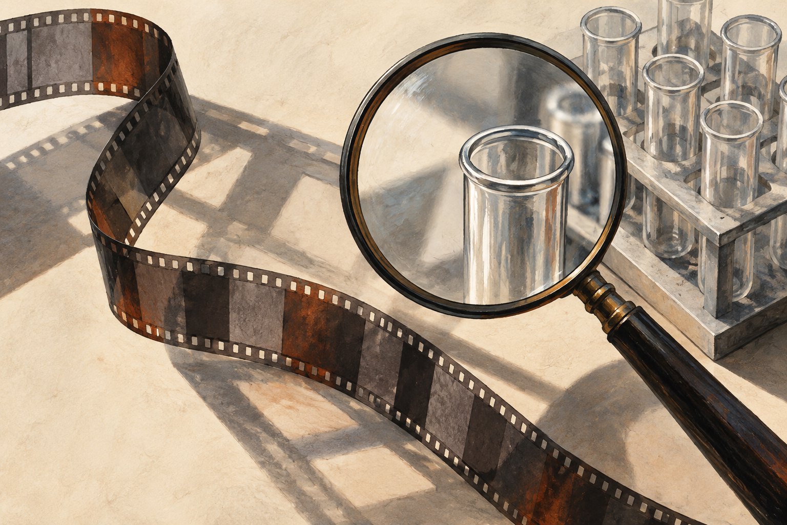 Conceptual illustration of a magnifying glass over an unmarked film strip beside empty laboratory sample tubes.