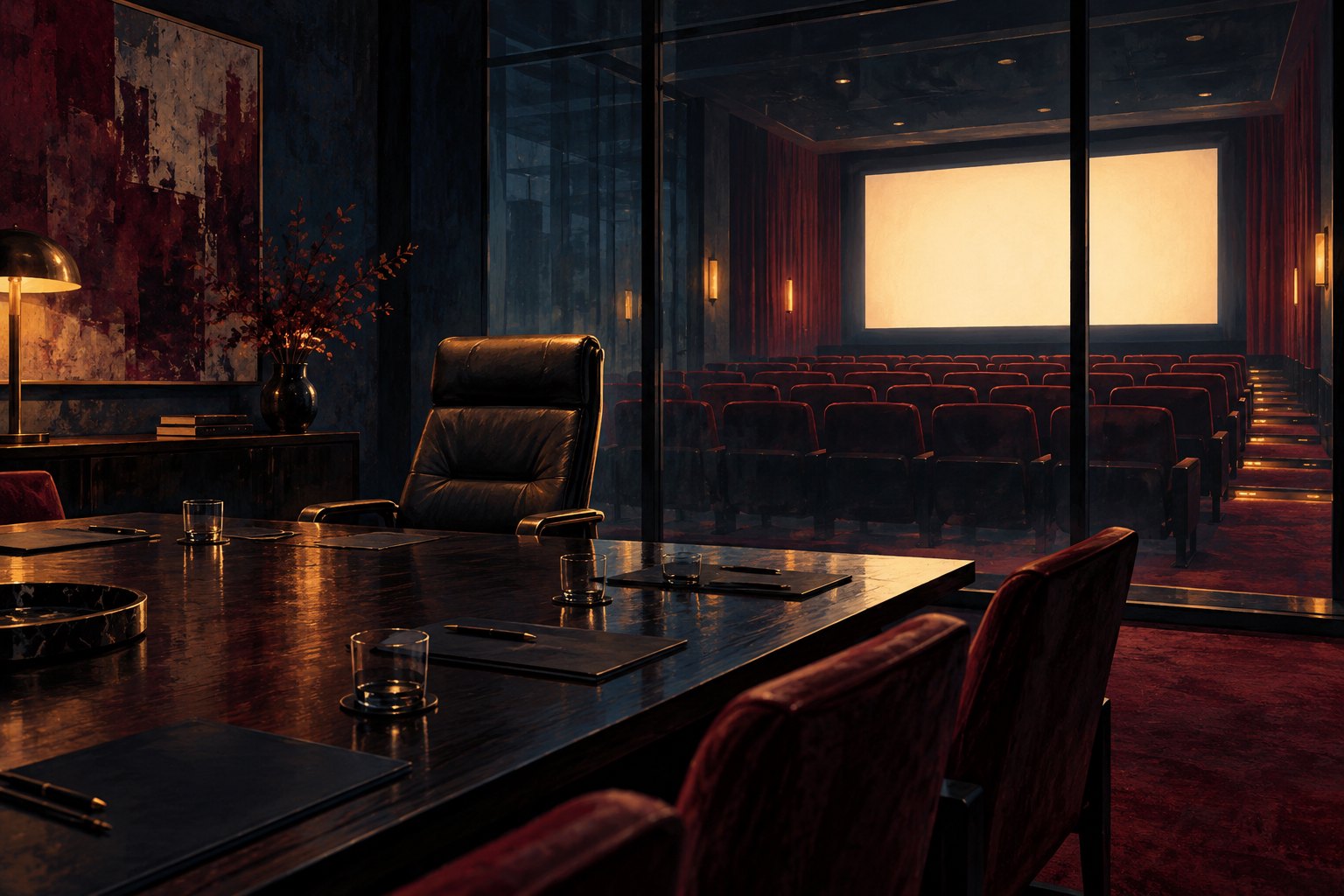 An empty executive chair faces a conference table beside a glass-walled screening room in a moody editorial illustration.