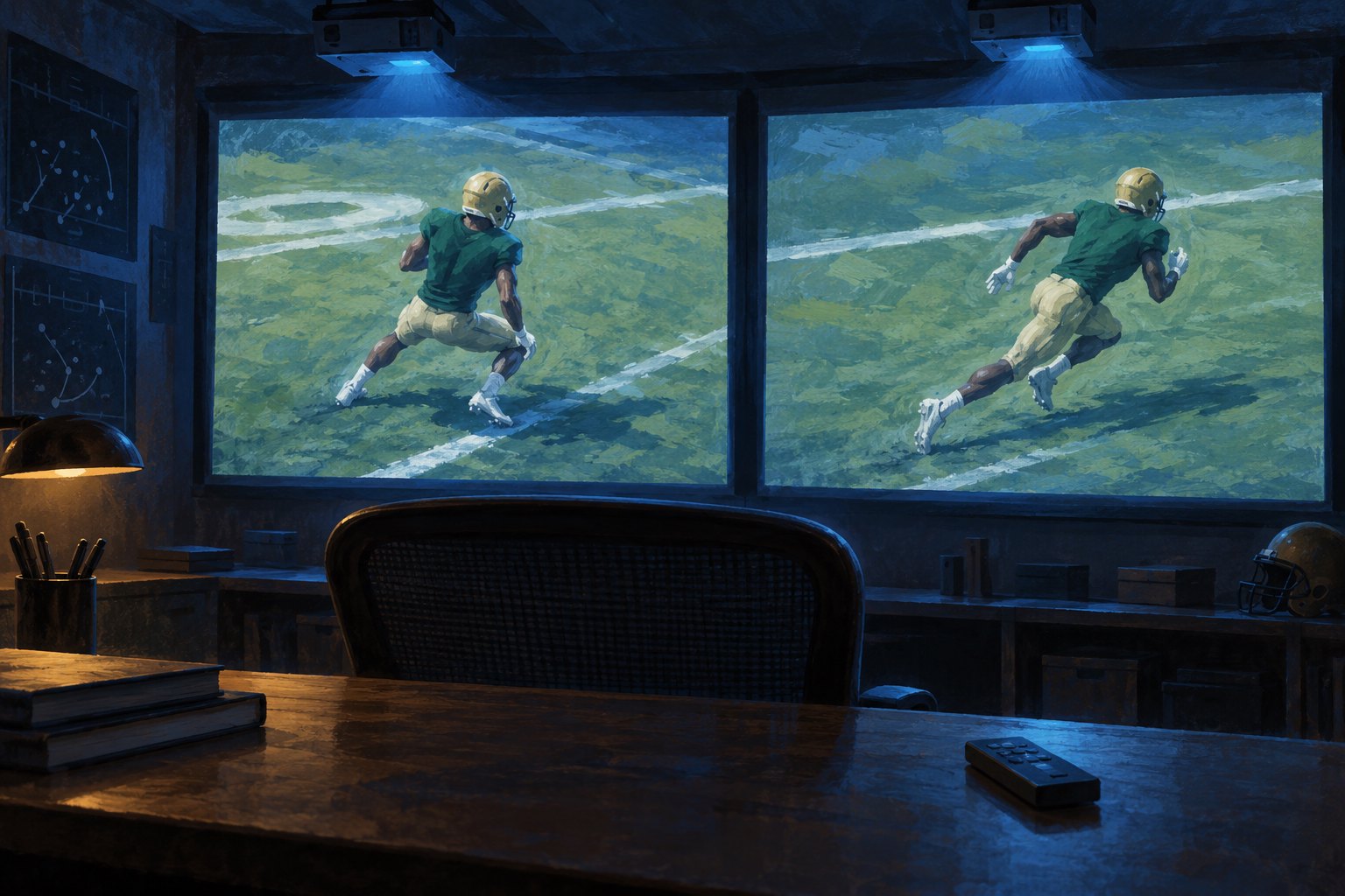 Conceptual painting of a quiet football study room with two screens showing different phases of an anonymous receiver’s movement.