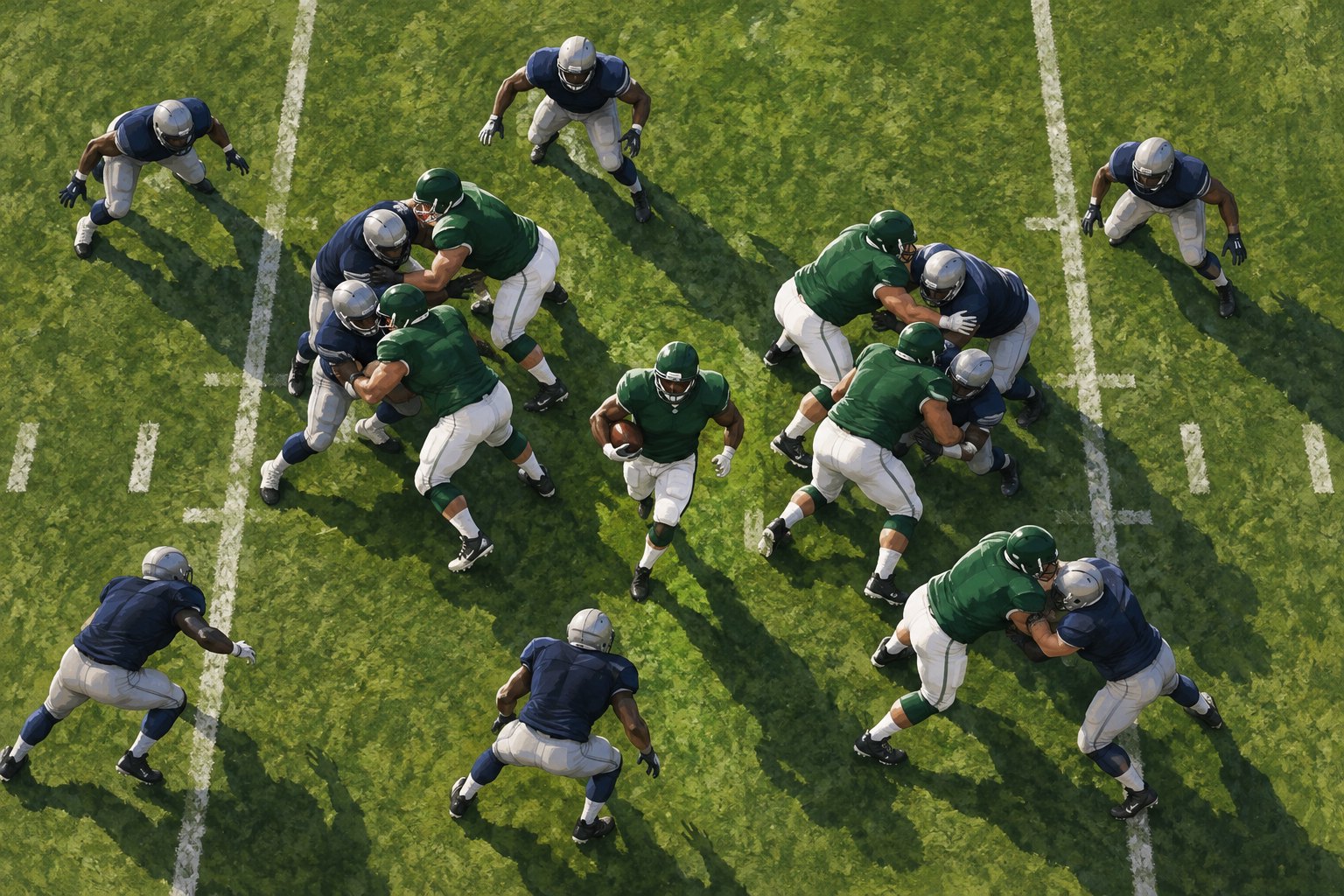 Conceptual overhead illustration of a football ball carrier moving through a lane between blockers and defenders.
