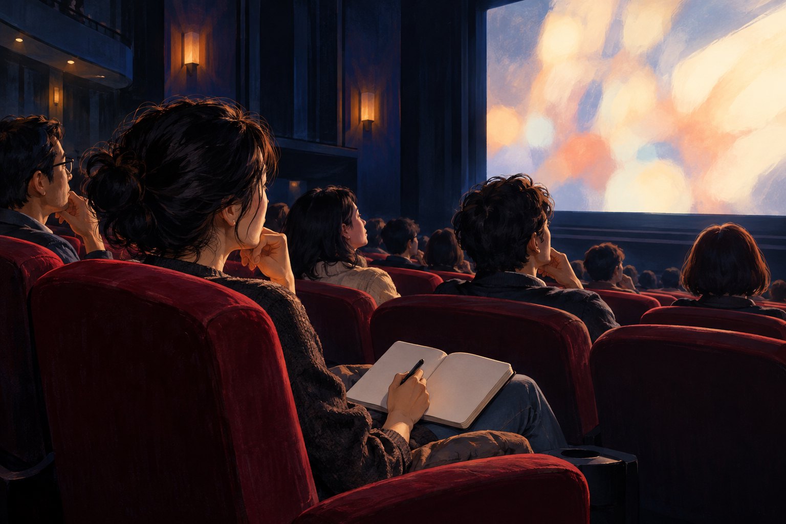 观众坐在红色影院座椅上专注观影,一人膝上放着笔记本的概念插画