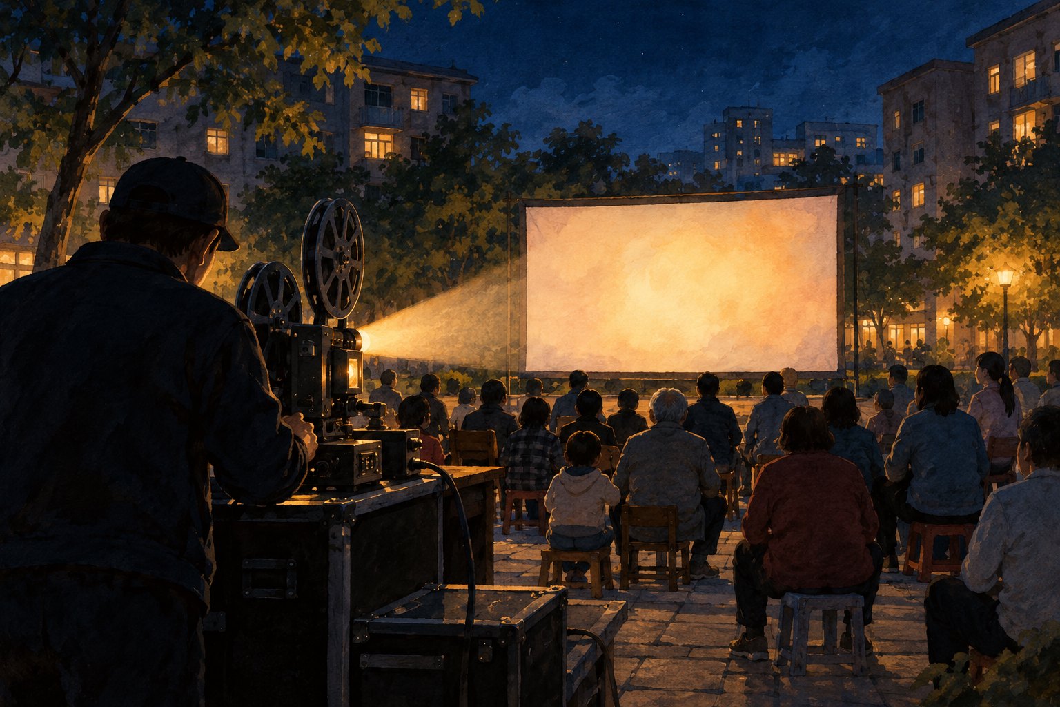 公益放映主题插画:夜色中,工作人员在放映机旁照看设备,居民面向明亮银幕观看电影