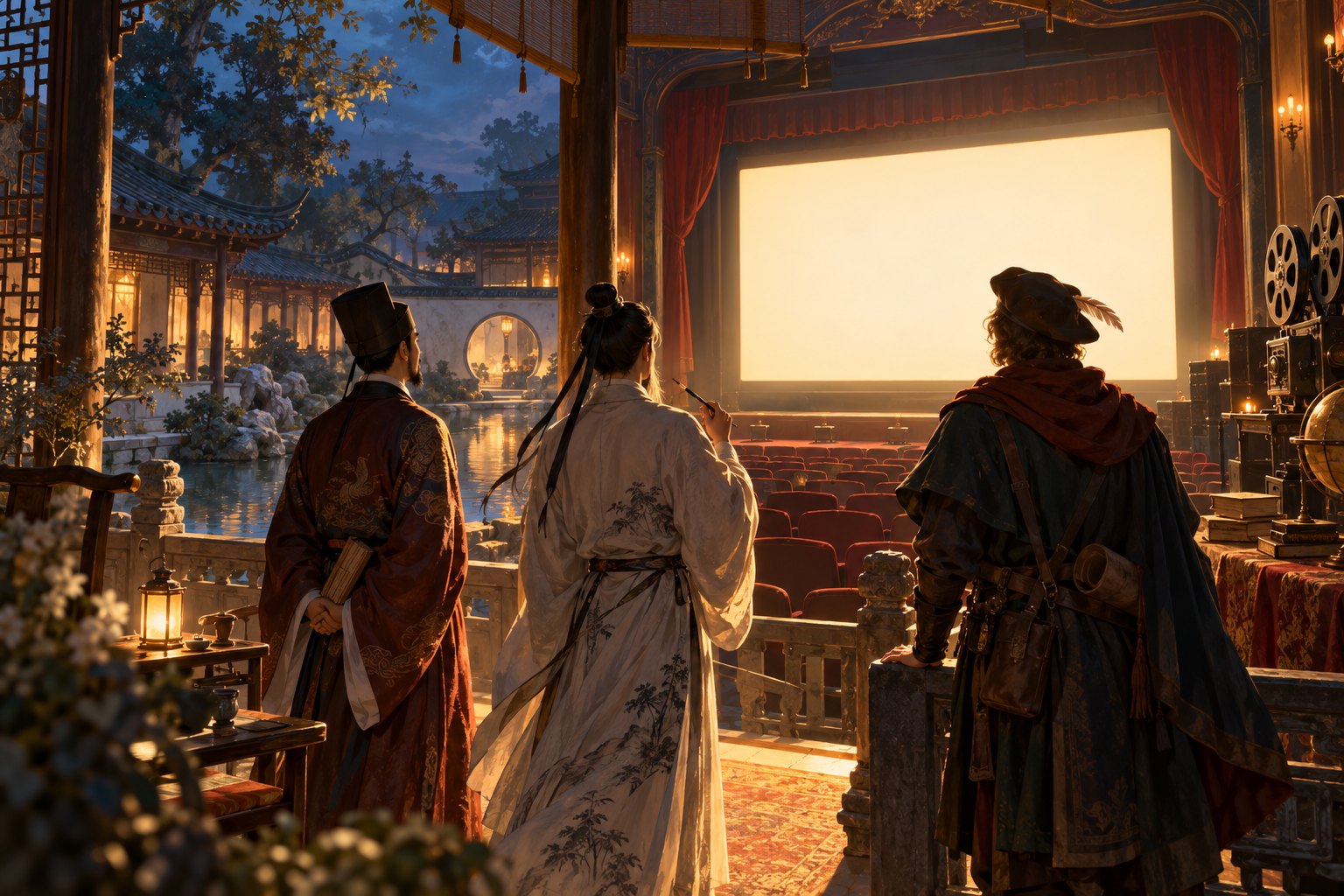 两位中国古代文士与一位欧洲旅行者面向庭院影院银幕的概念插画，非活动现场