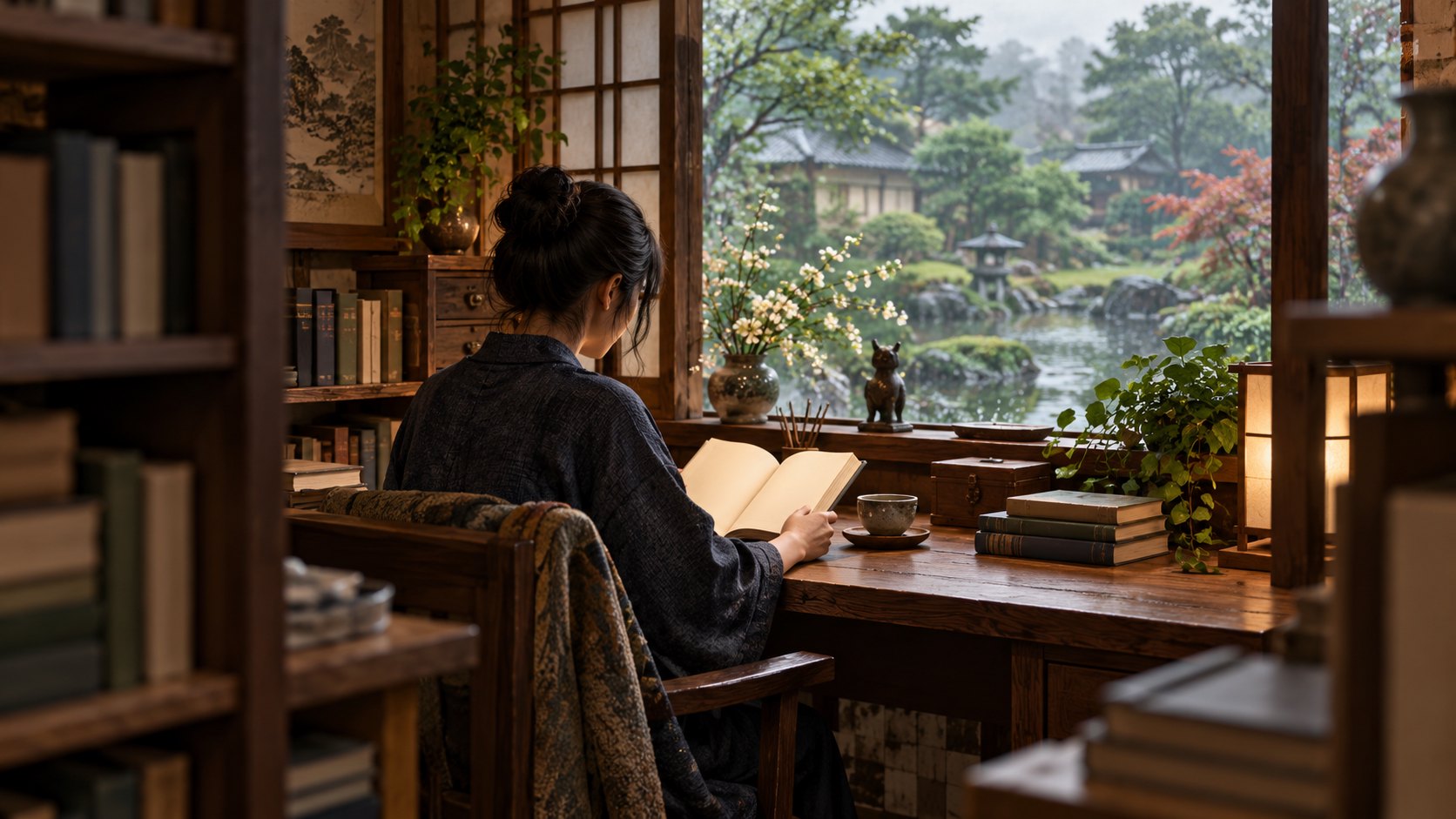 讀者坐在窗邊翻閱書本,前景書架與窗外庭園形成層次,為虛構閱讀情境示意