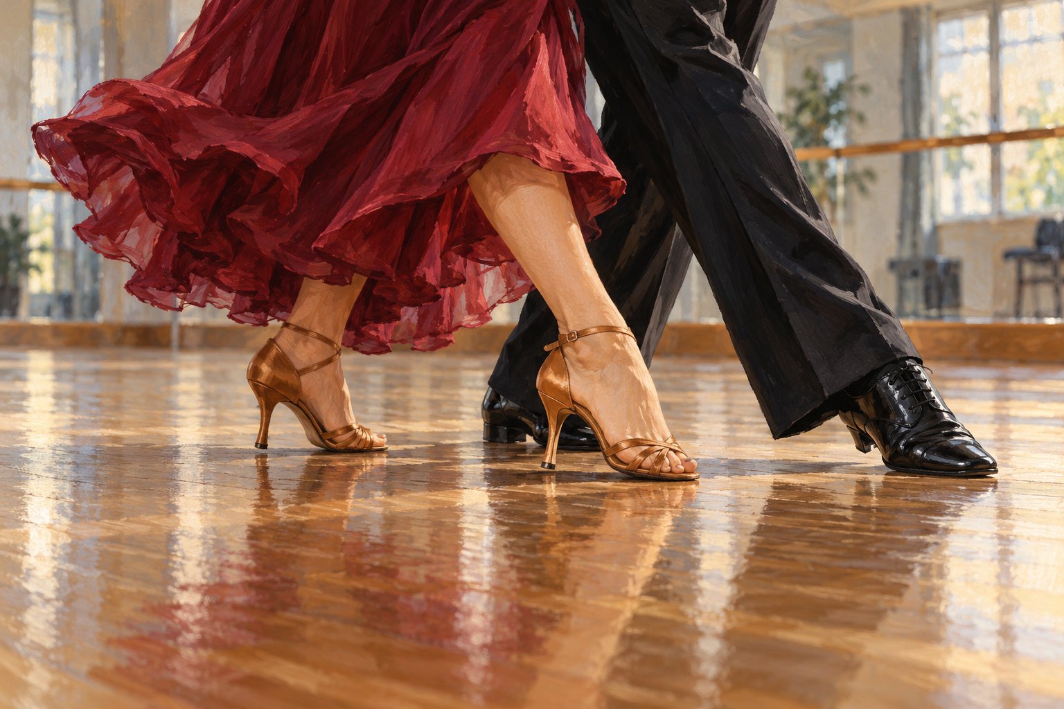 Painterly close-up of ballroom dancers in tan heels and black shoes stepping together on a sunlit wooden rehearsal floor.