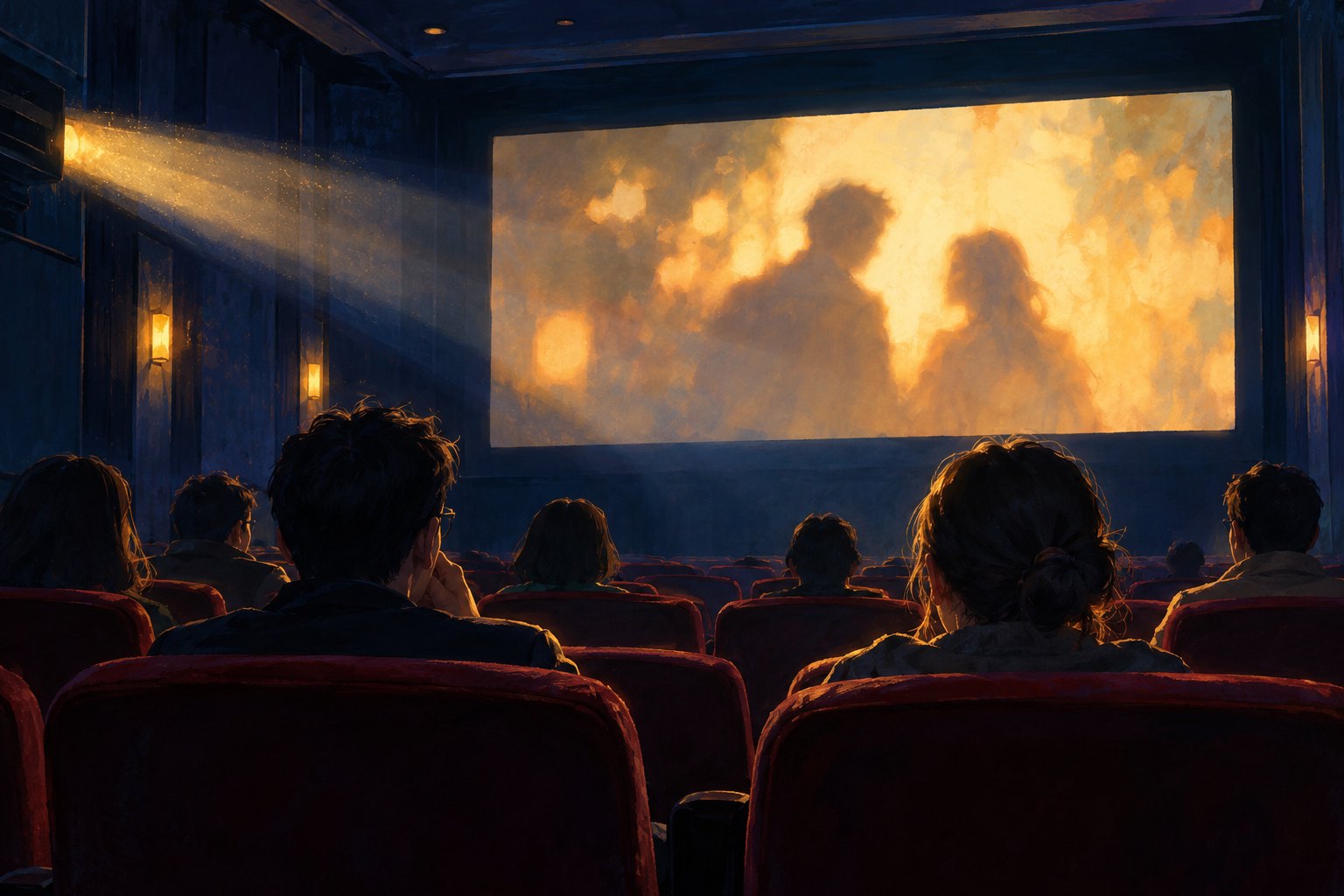 观众坐在暗色影院中观看银幕光影的概念插画