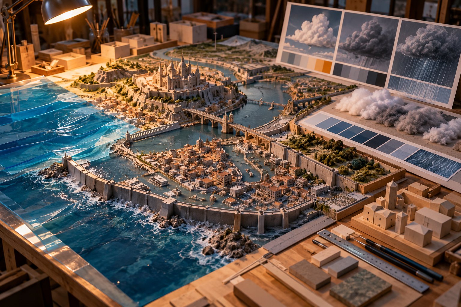 工作台上的沿海城市微缩模型与云雨参考画面,示意科幻世界的空间设计,非影片剧照