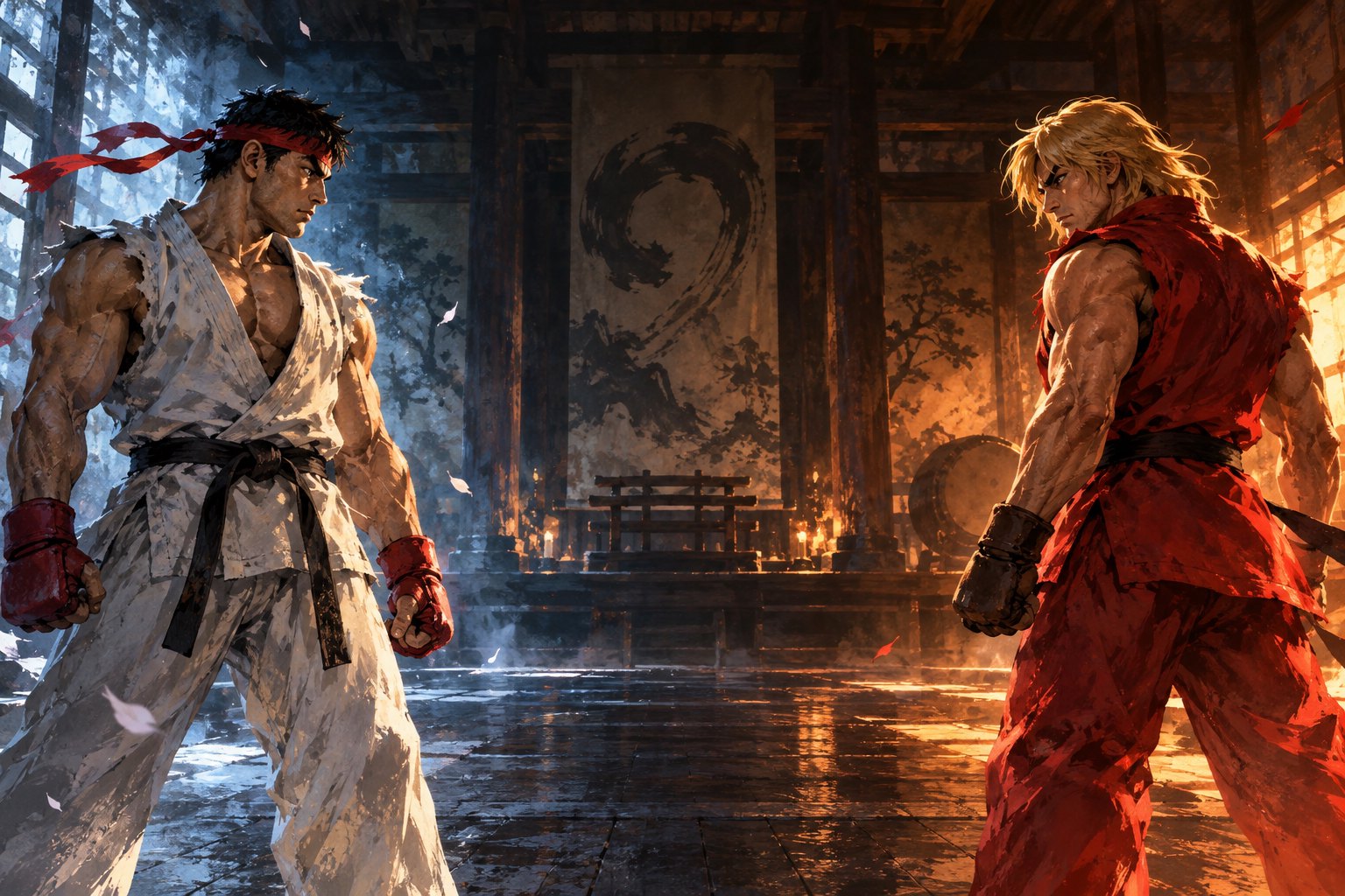 Interpretive illustration of Ryu in white and Ken in red facing each other across a dim martial arts training hall.