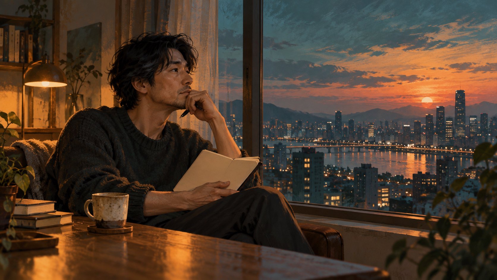 成年男子在黃昏窗邊拿著空白筆記本沉思,呈現人生願望主題的概念插畫,非電影劇照