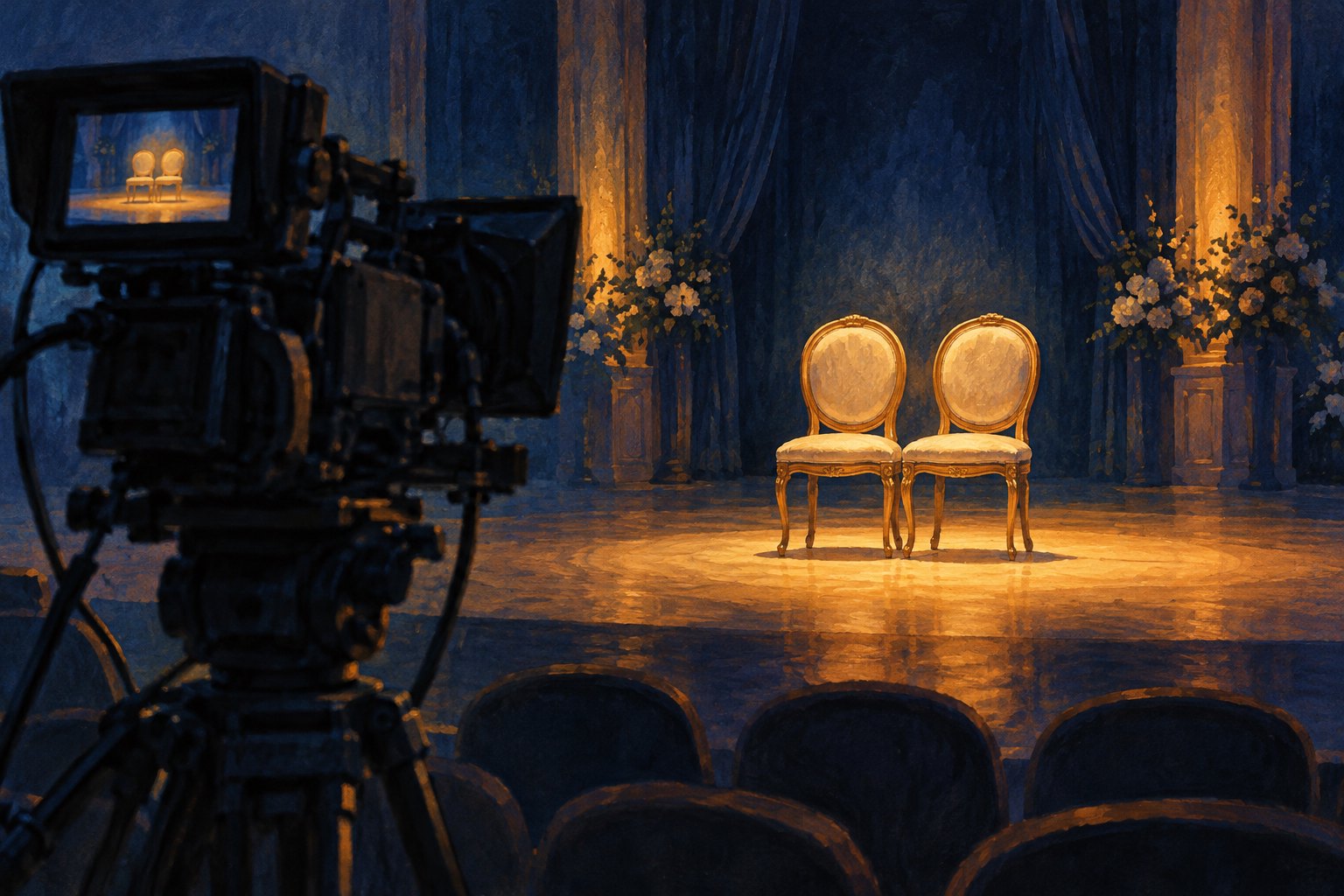 Conceptual illustration of a television camera facing two empty golden chairs under warm light in a dark theater.