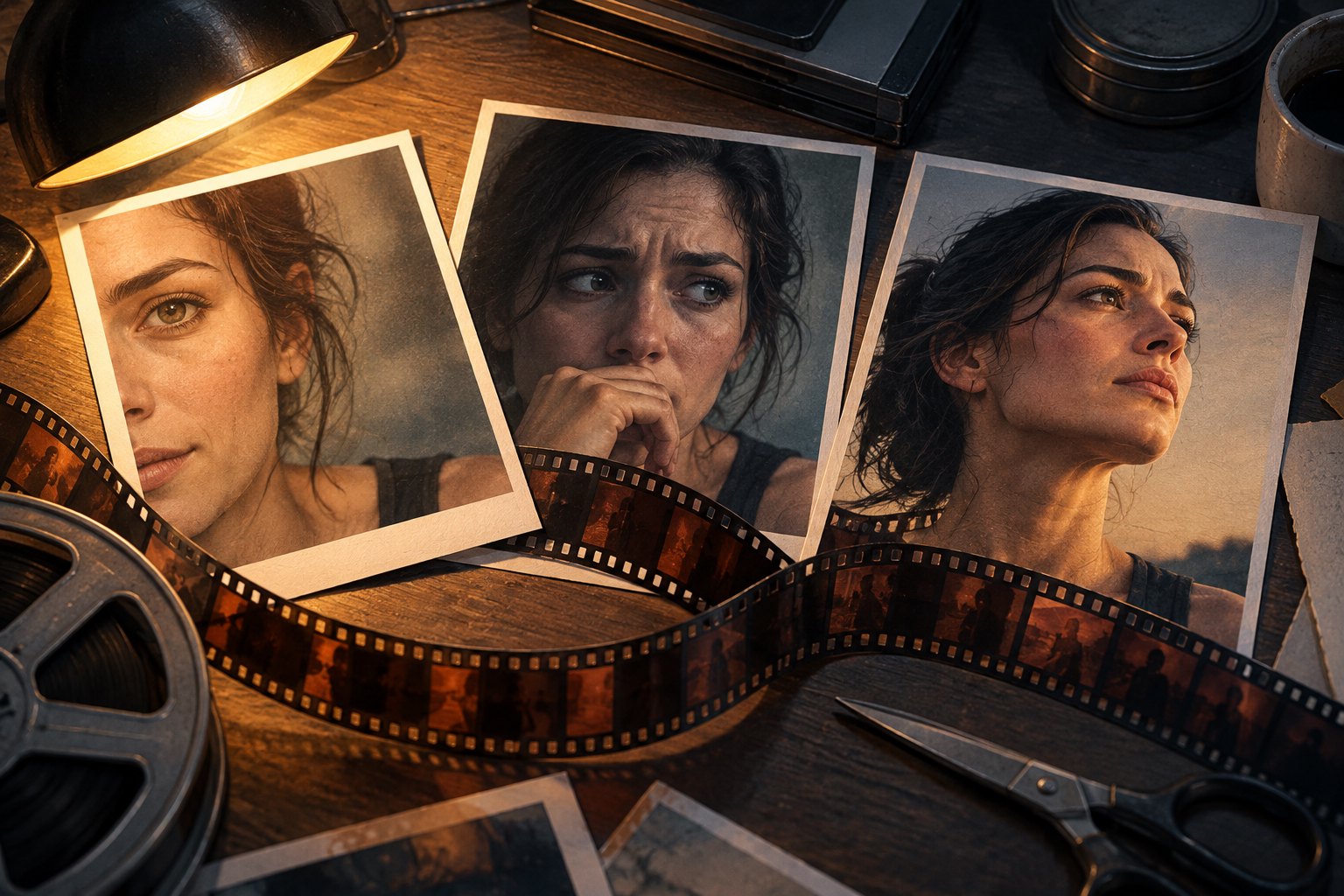 Conceptual illustration of three differently cropped portraits of an anonymous adult beside a film strip on an editing desk.
