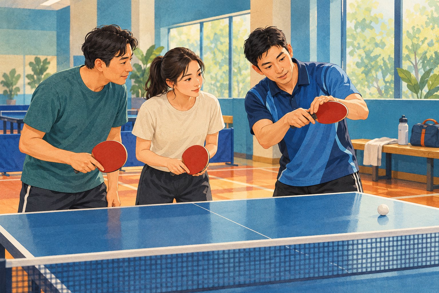 社区运动馆内,教练向两位成年初学者演示乒乓球握拍的概念插画
