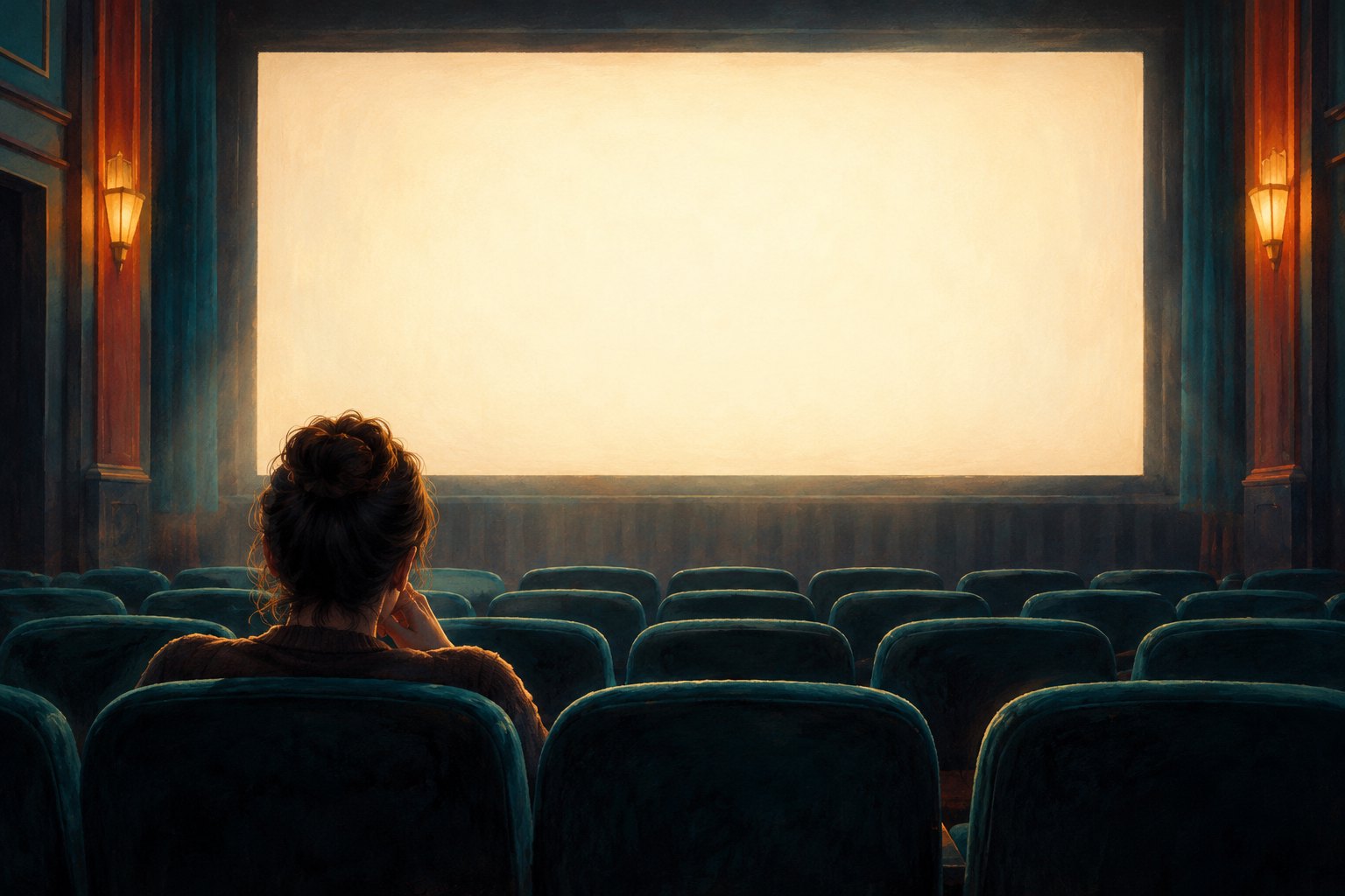 A lone viewer sits among teal cinema seats facing a softly glowing blank screen in a painterly illustration.