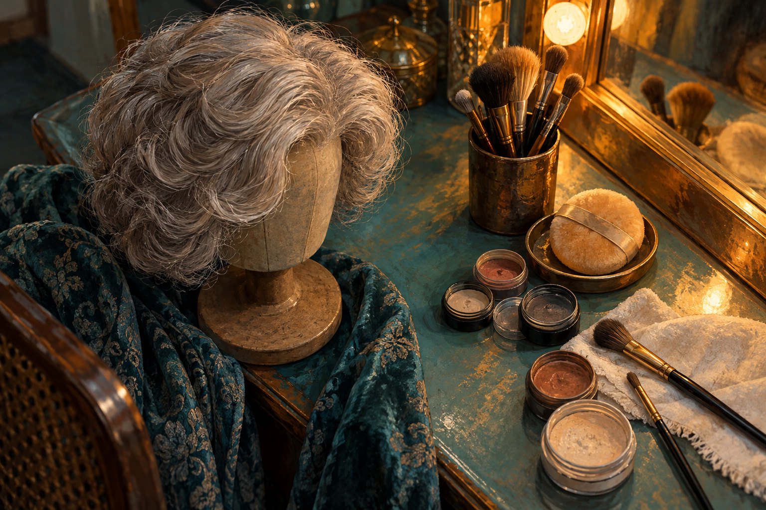 Conceptual illustration of a gray theatrical wig, makeup brushes, and pigment pots on a dressing table.
