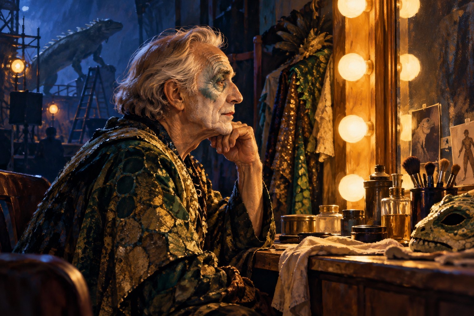 Conceptual illustration of a fictional elderly performer seated beside a warmly lit dressing-room mirror.