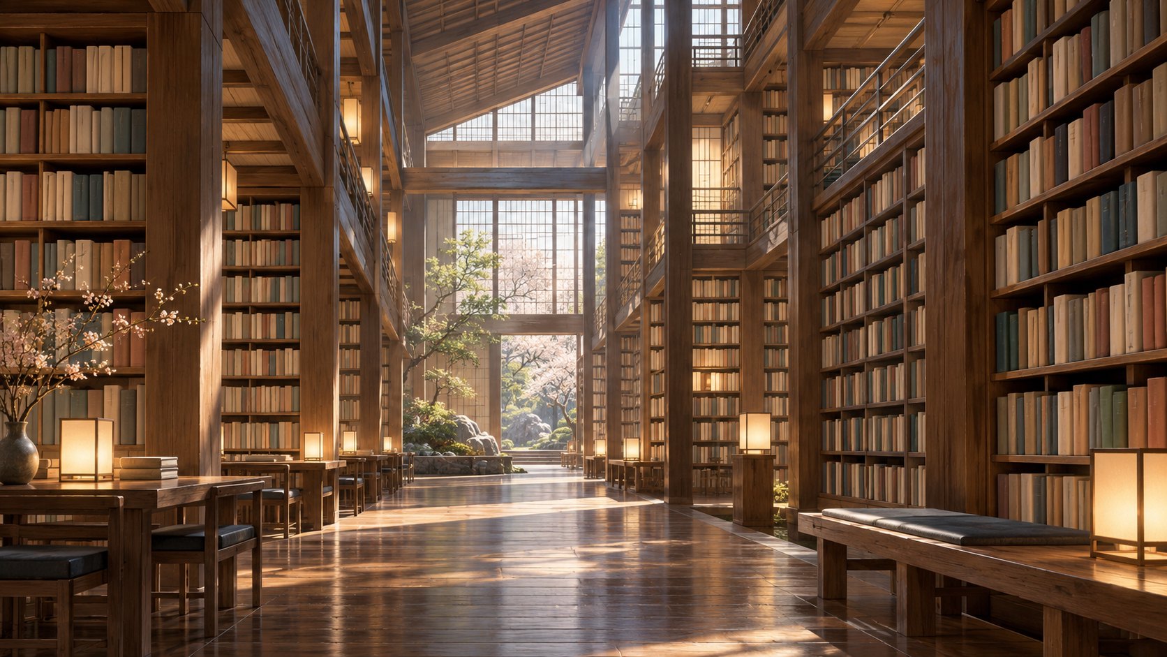 挑高木質書牆與自然光構成具有縱深的圖書館空間,為虛構建築情境示意