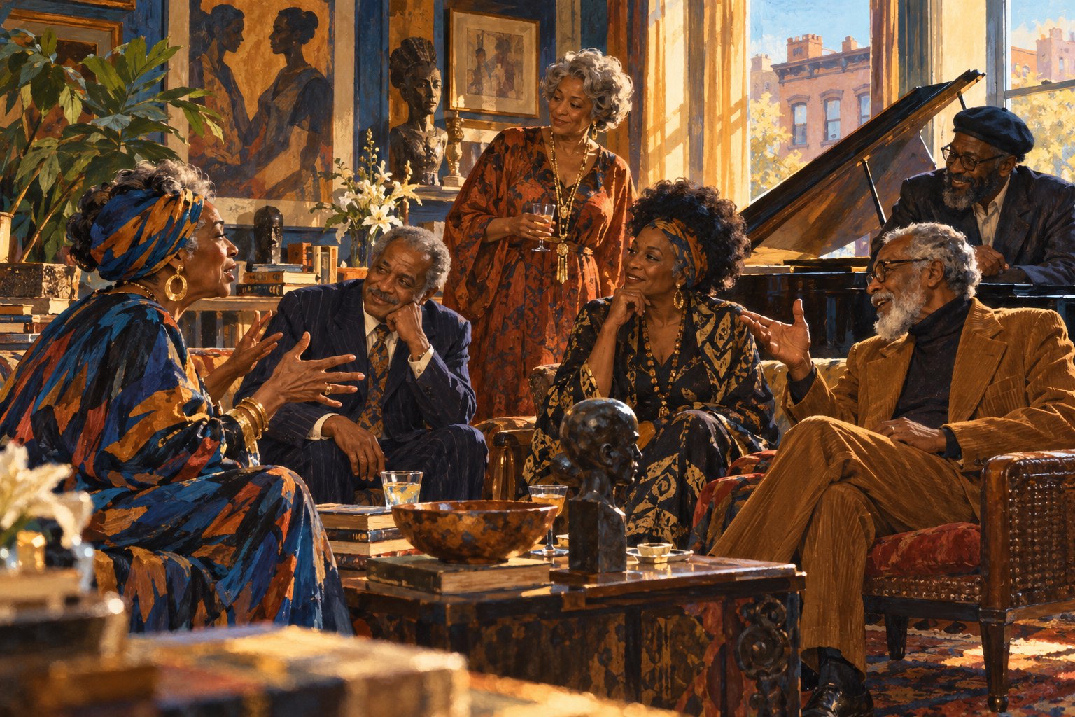 Painterly illustration of older Black artists conversing in a warmly lit salon with a piano.