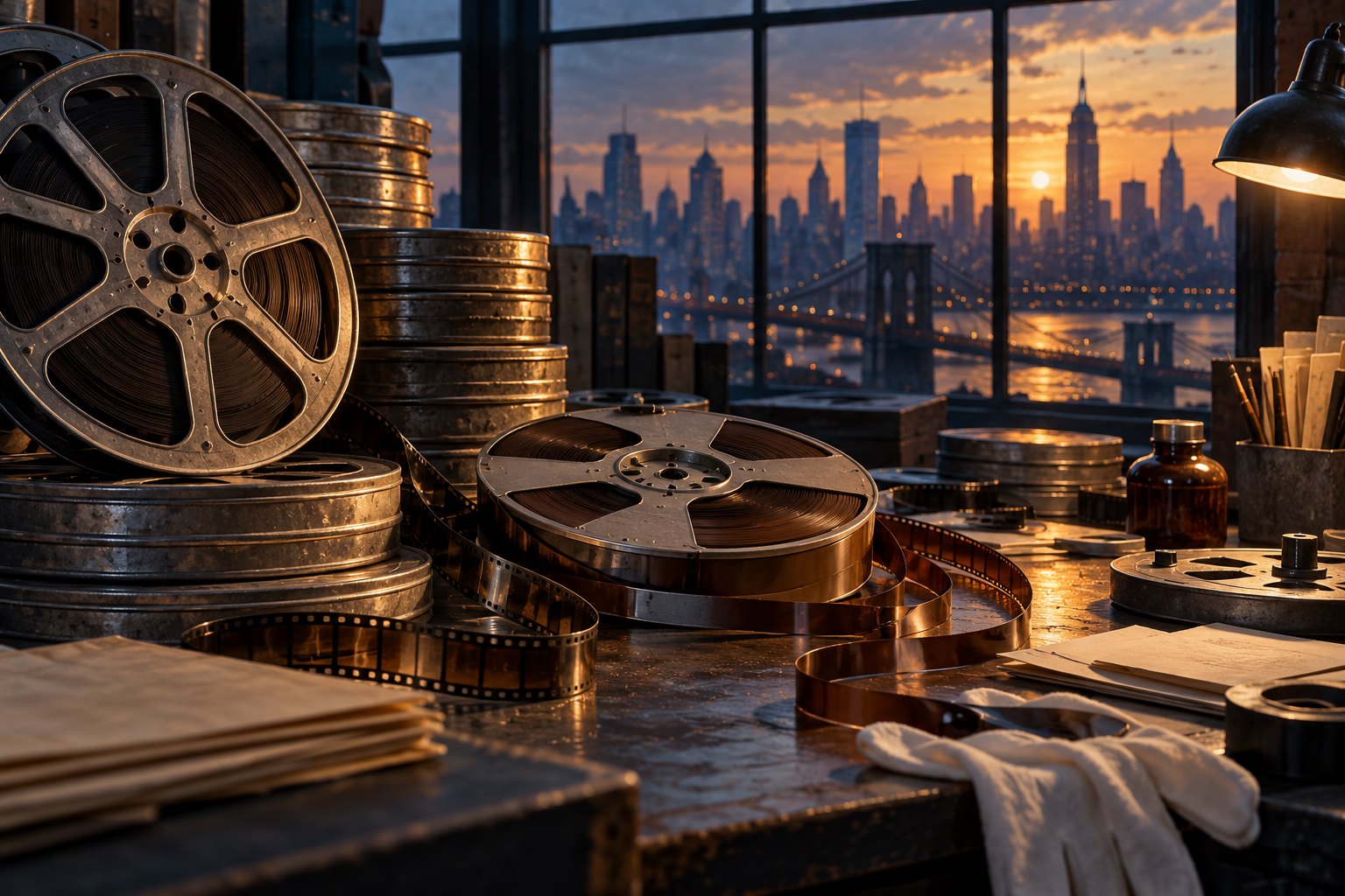 Conceptual illustration of film reels and archival cans on a workbench overlooking the New York skyline at sunset.