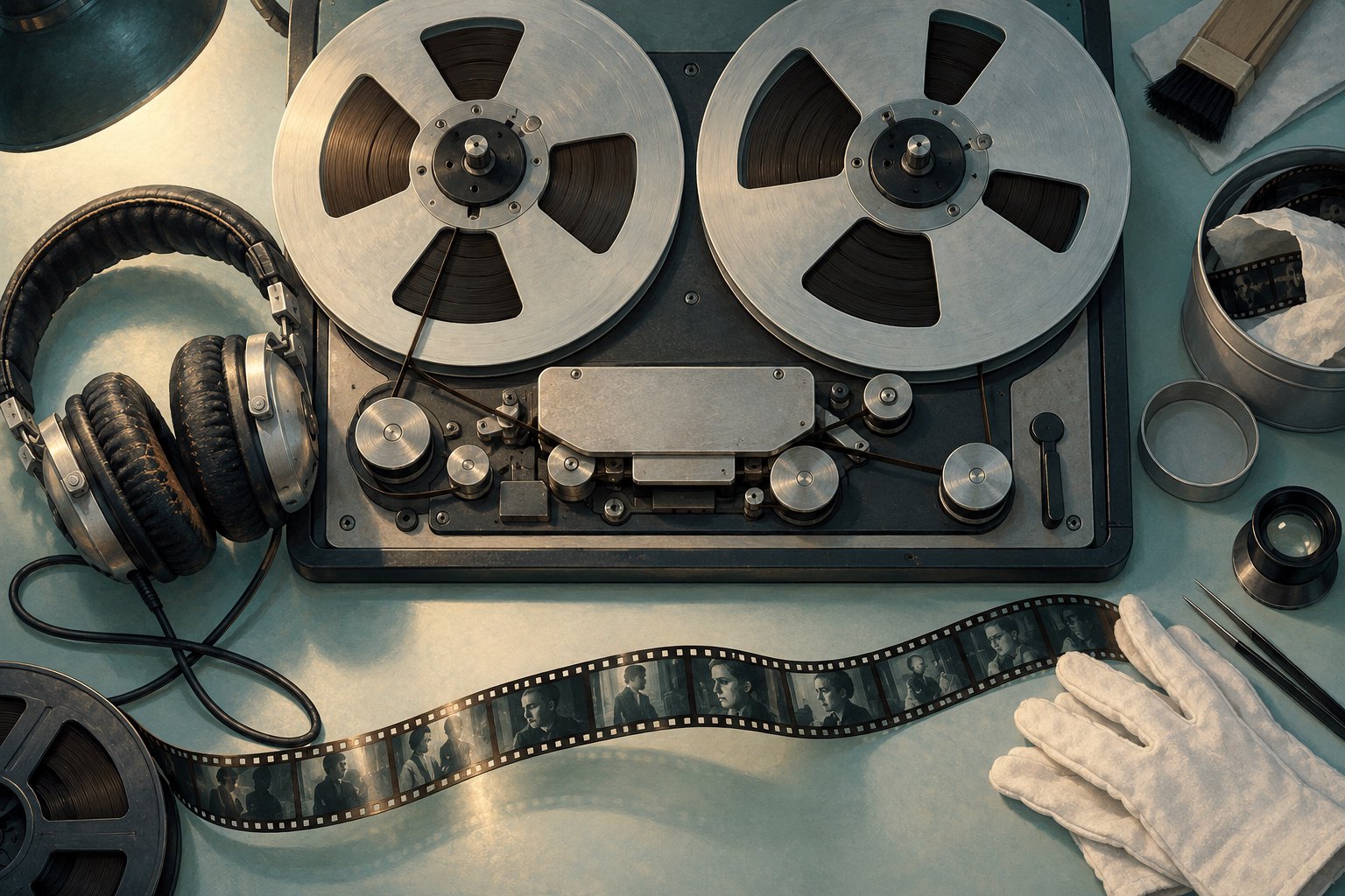 Conceptual overhead illustration of a reel-to-reel audio machine, headphones, and a strip of film on a preservation workbench.