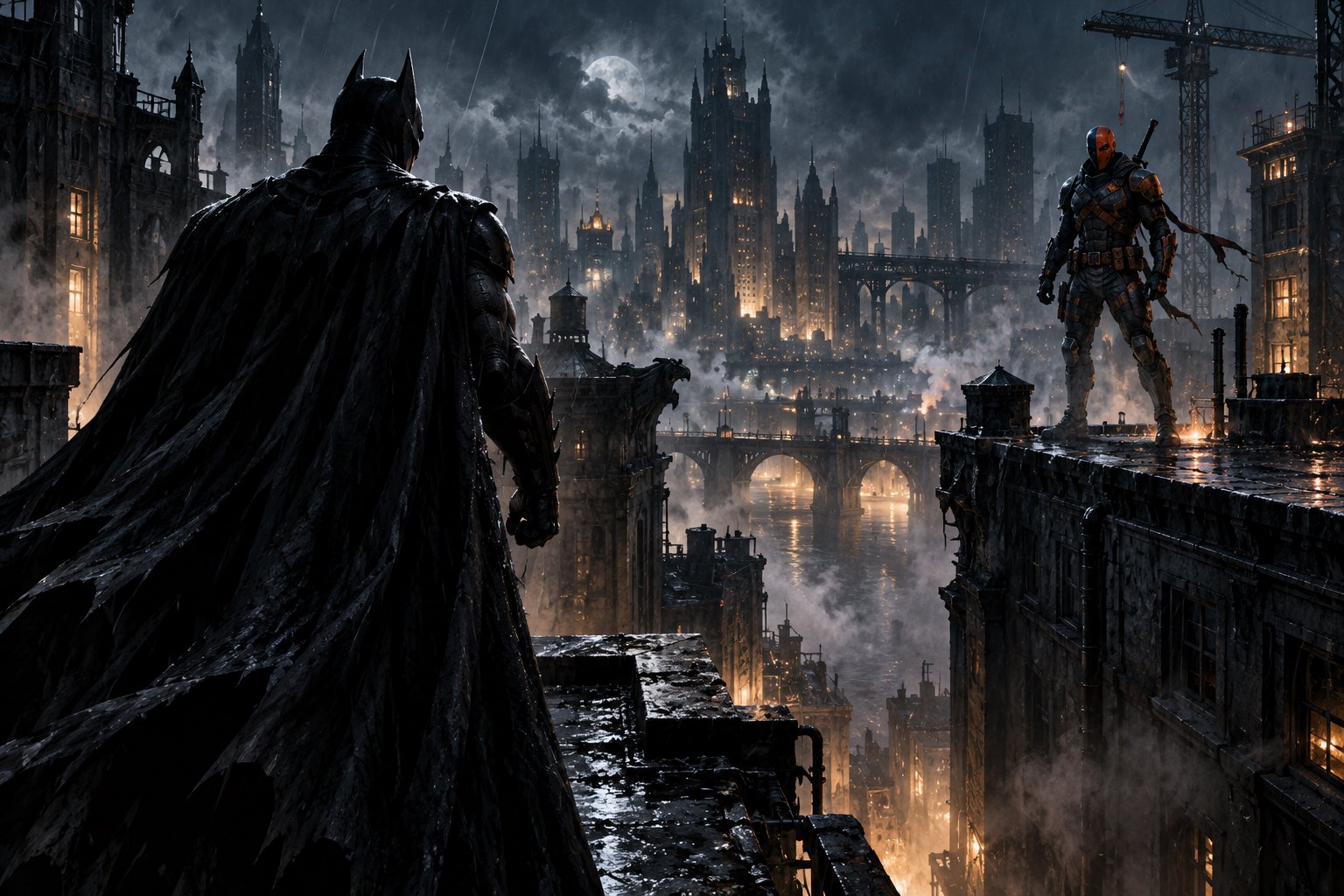 Conceptual noir illustration of Batman and Deathstroke facing each other across rain-dark rooftops above a shadowy city.