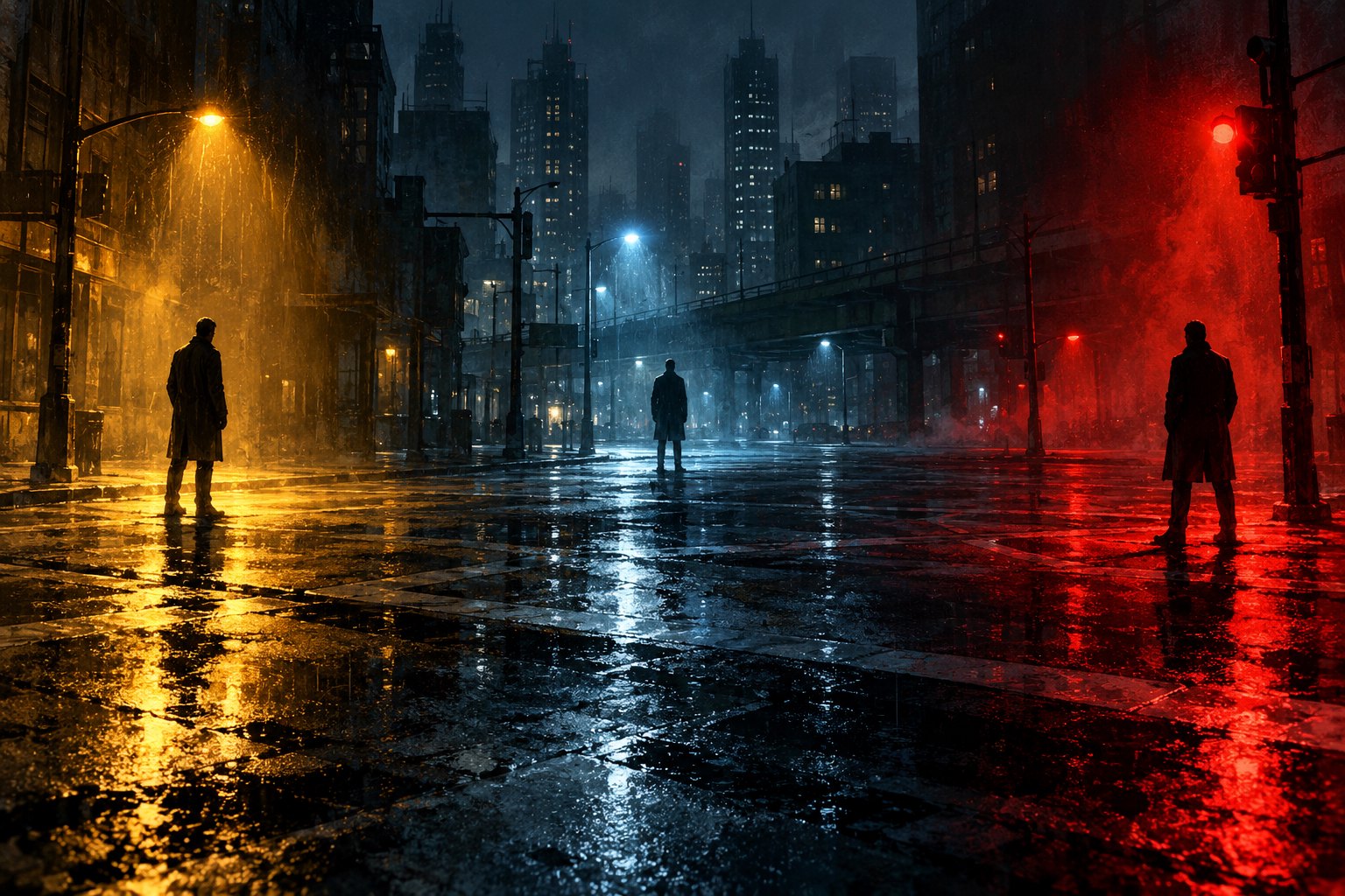 Conceptual noir illustration of three anonymous figures at a rain-soaked intersection under contrasting colored lights.