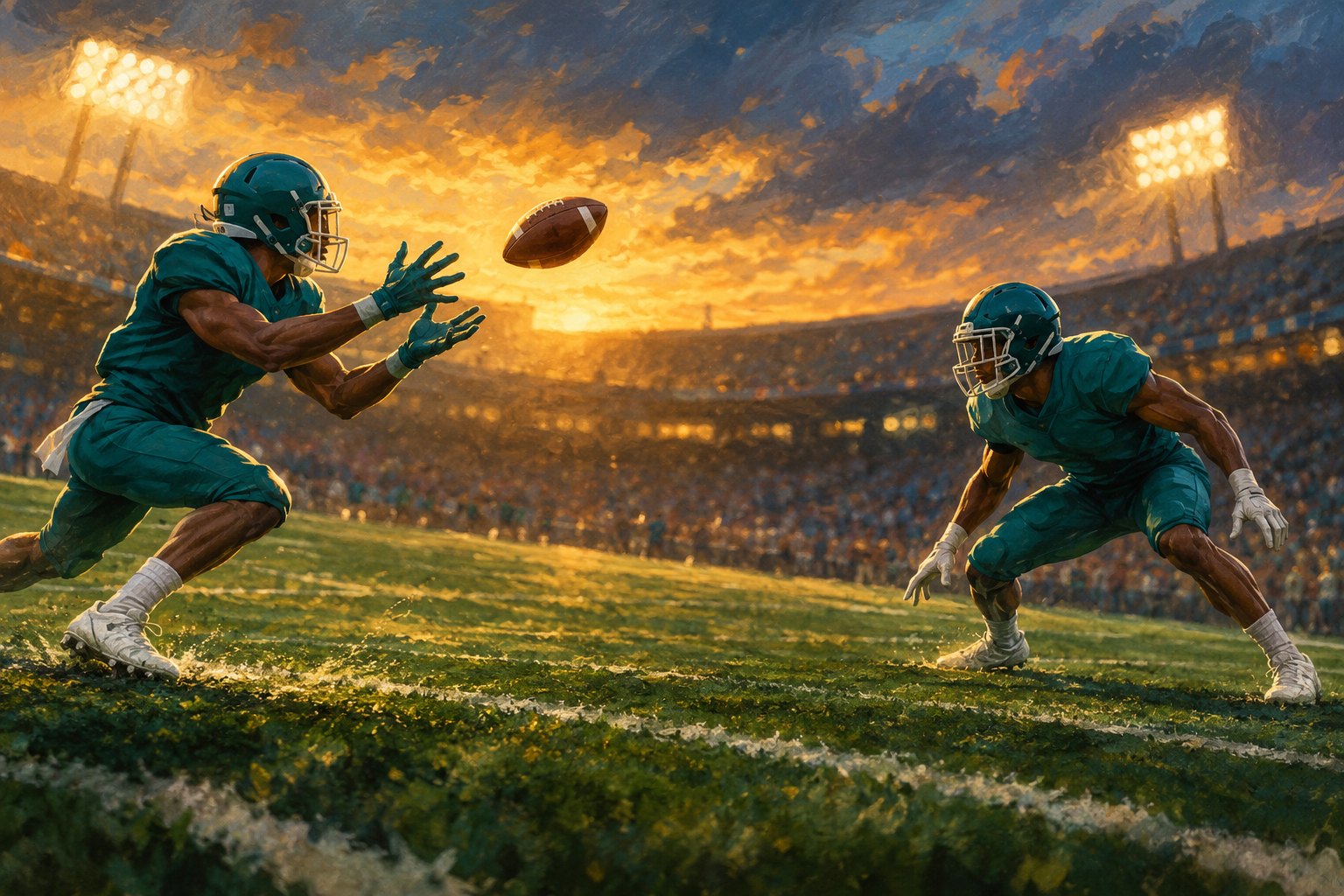 Conceptual illustration of two football players in teal uniforms demonstrating a receiving motion and a defensive stance under stadium lights.