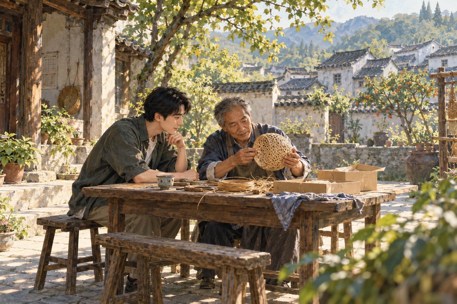 家乡手艺主题插画:年轻人与年长手艺人在院落木桌旁观察编织器物,非影片剧照