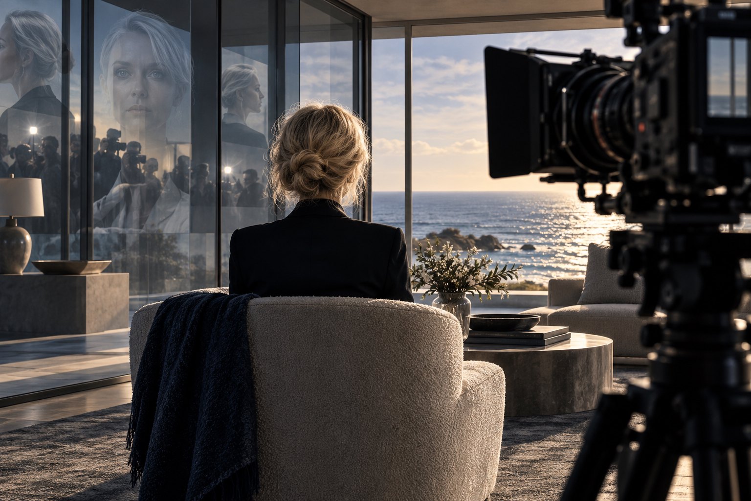 Conceptual illustration of a blonde woman seen from behind facing a film camera in a sunlit coastal living room.