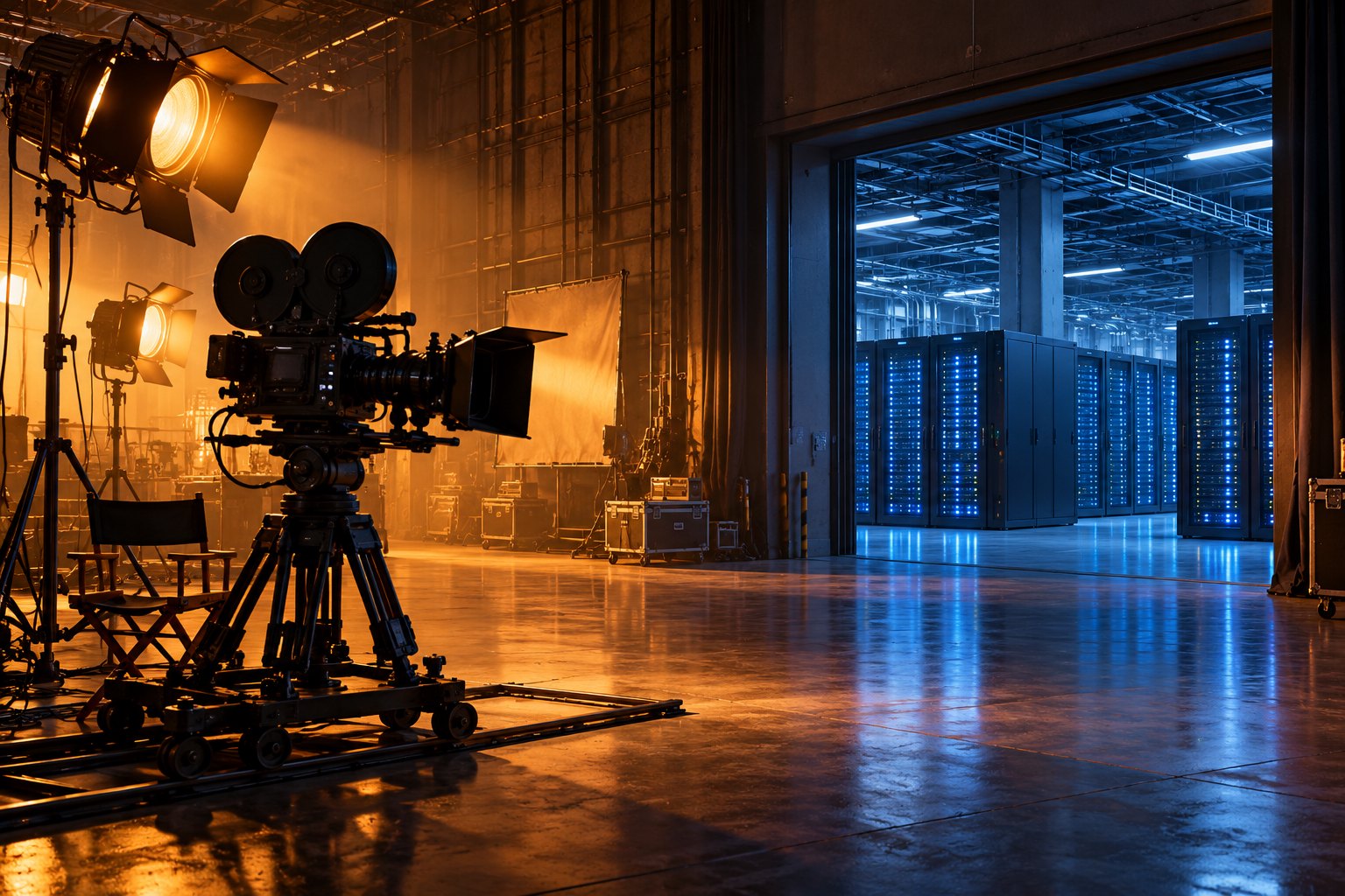 Conceptual illustration of a warmly lit movie soundstage beside a cool blue room of server cabinets.