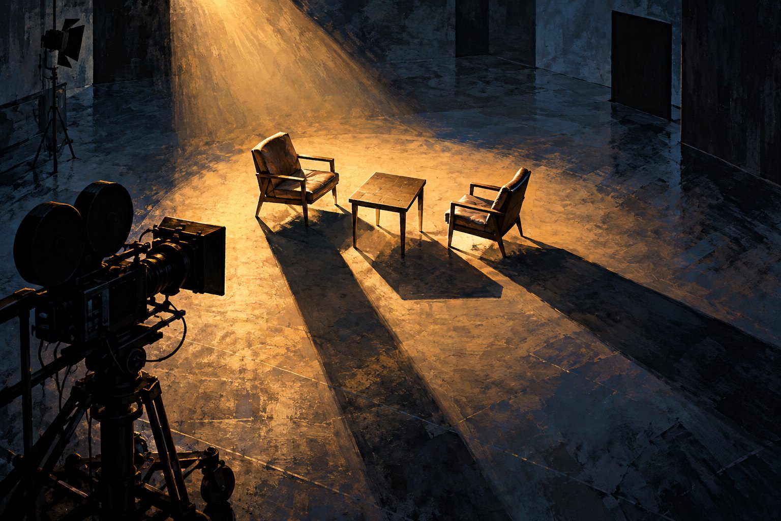 Conceptual illustration of two empty chairs across a table on a dark soundstage, with a film camera and long shadows.