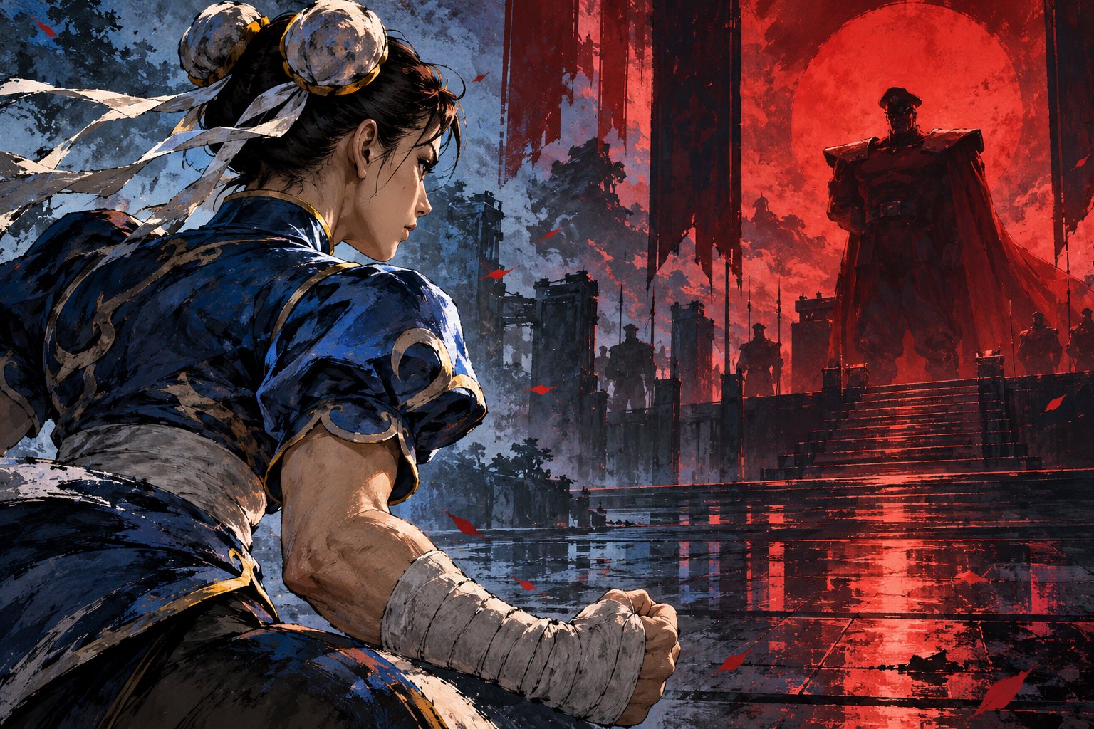 Interpretive illustration of Chun-Li facing a distant military dictator beneath red light, symbolizing her pursuit of revenge.